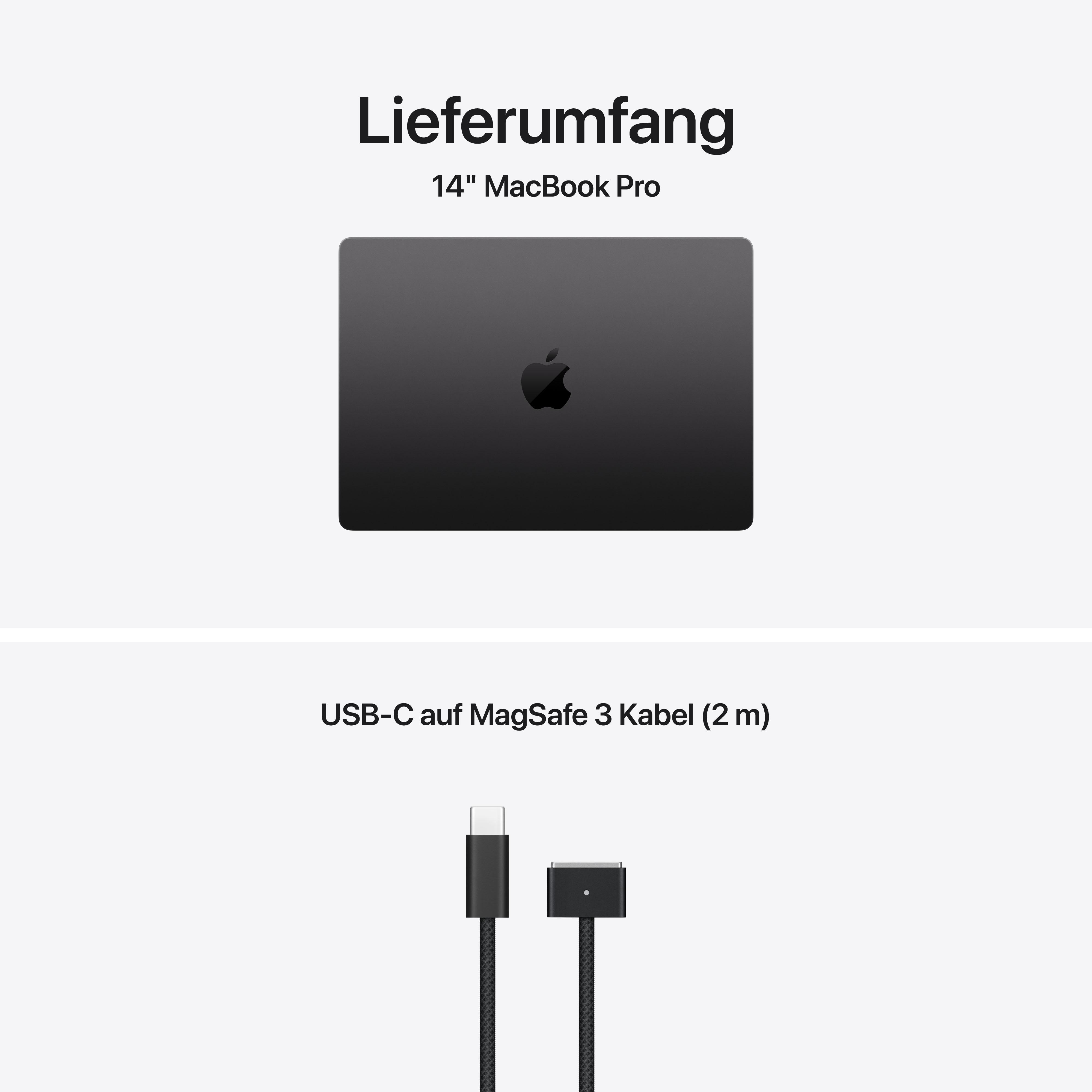 Ein schwarzes 14" MacBook Pro und ein USB-C auf MagSafe 3 Kabel.