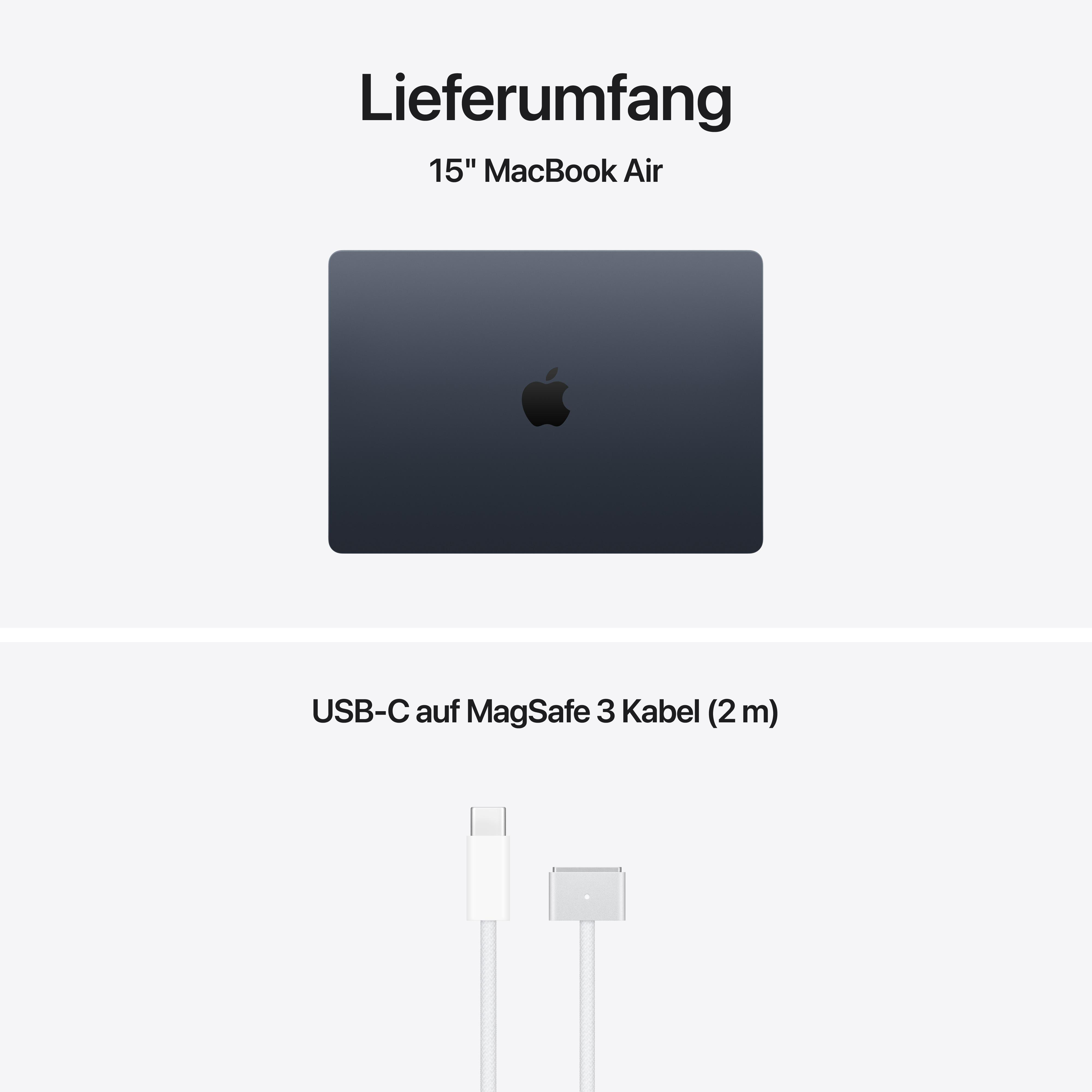 Ein dunkles MacBook Air 15 Zoll und ein Ladekabel.