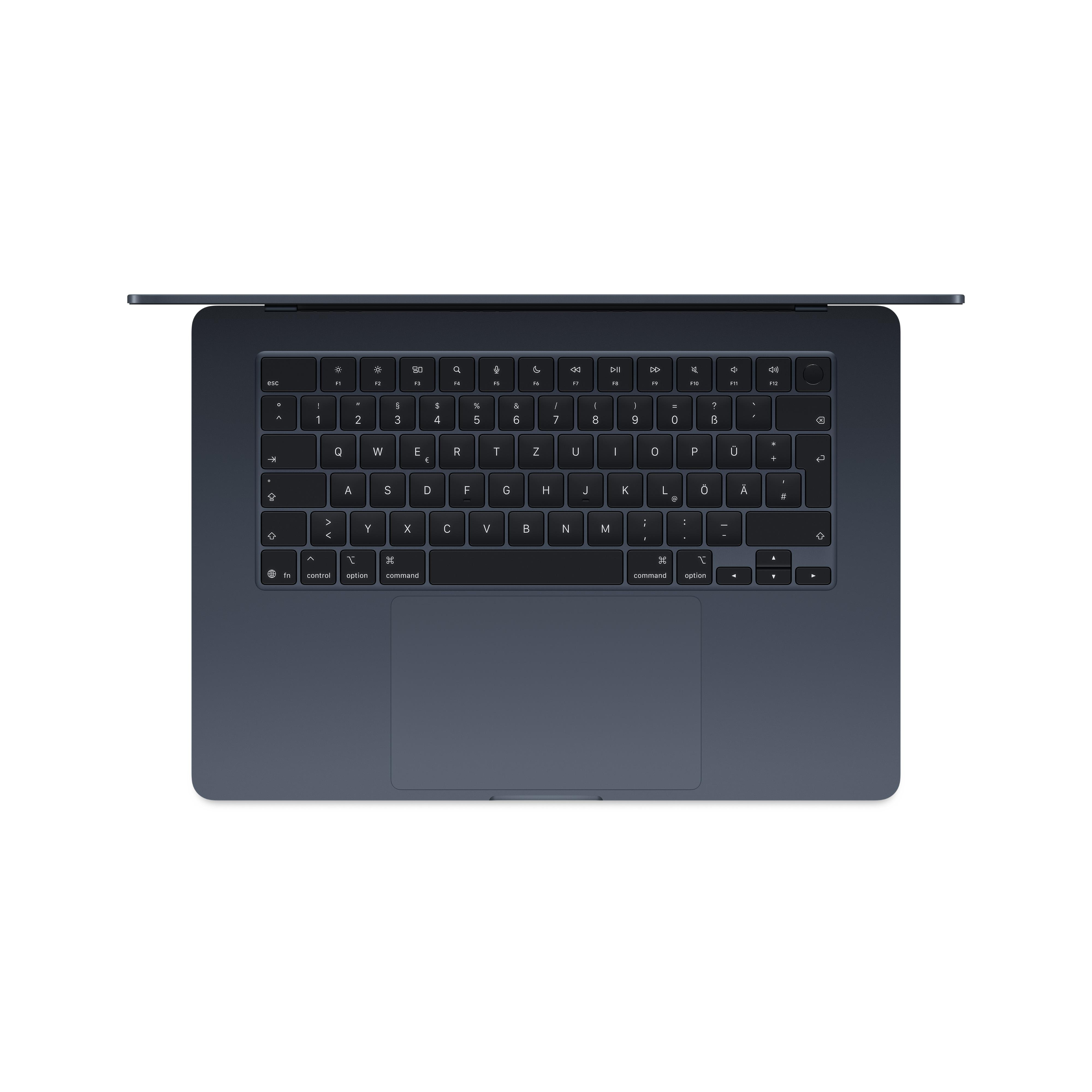 Dunkelblauer Laptop mit Tastatur und Touchpad von oben.