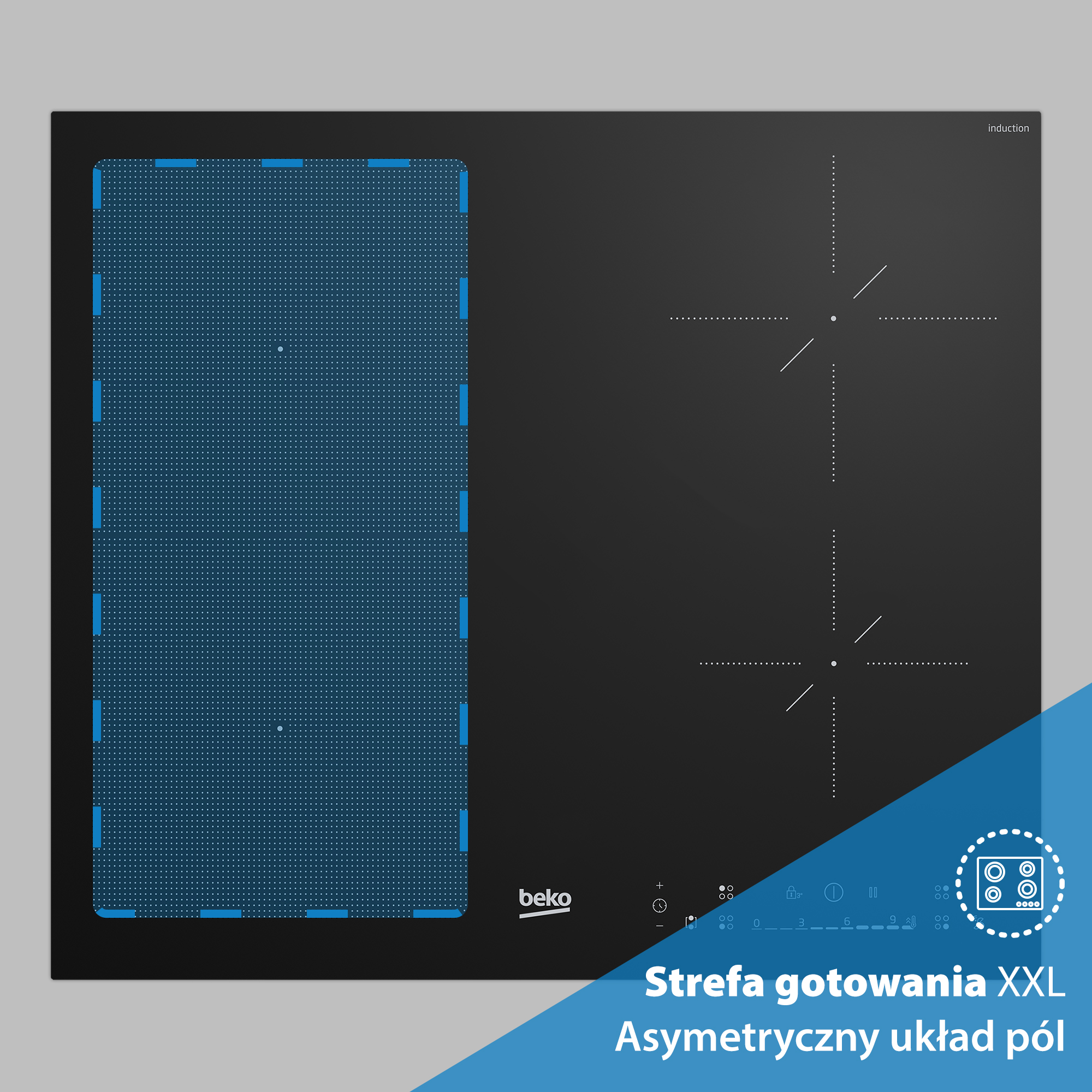 Czarna płyta indukcyjna z niebieskimi akcentami i sterowaniem.