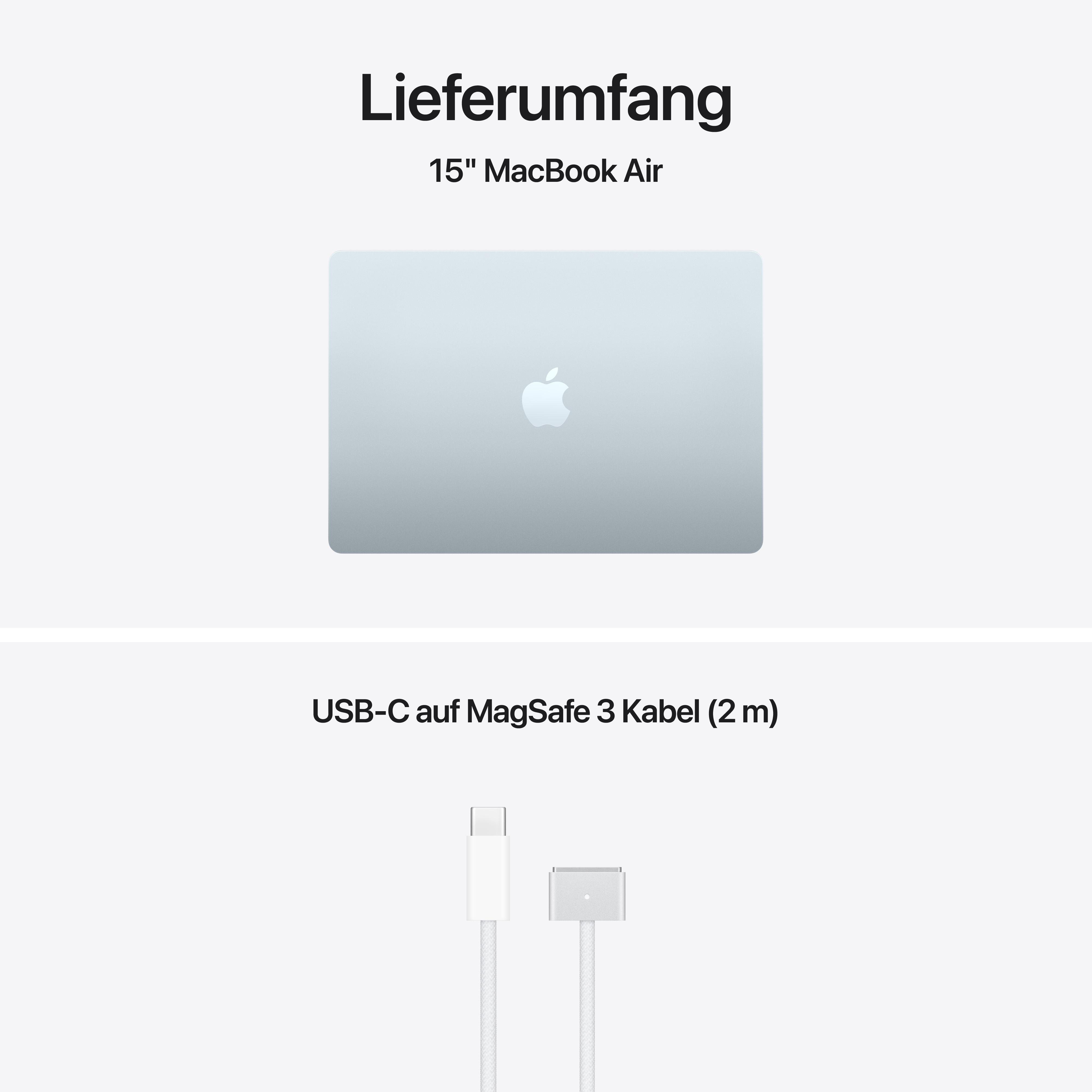 Ein silbernes 15" MacBook Air und ein weißes USB-C auf MagSafe 3 Kabel.