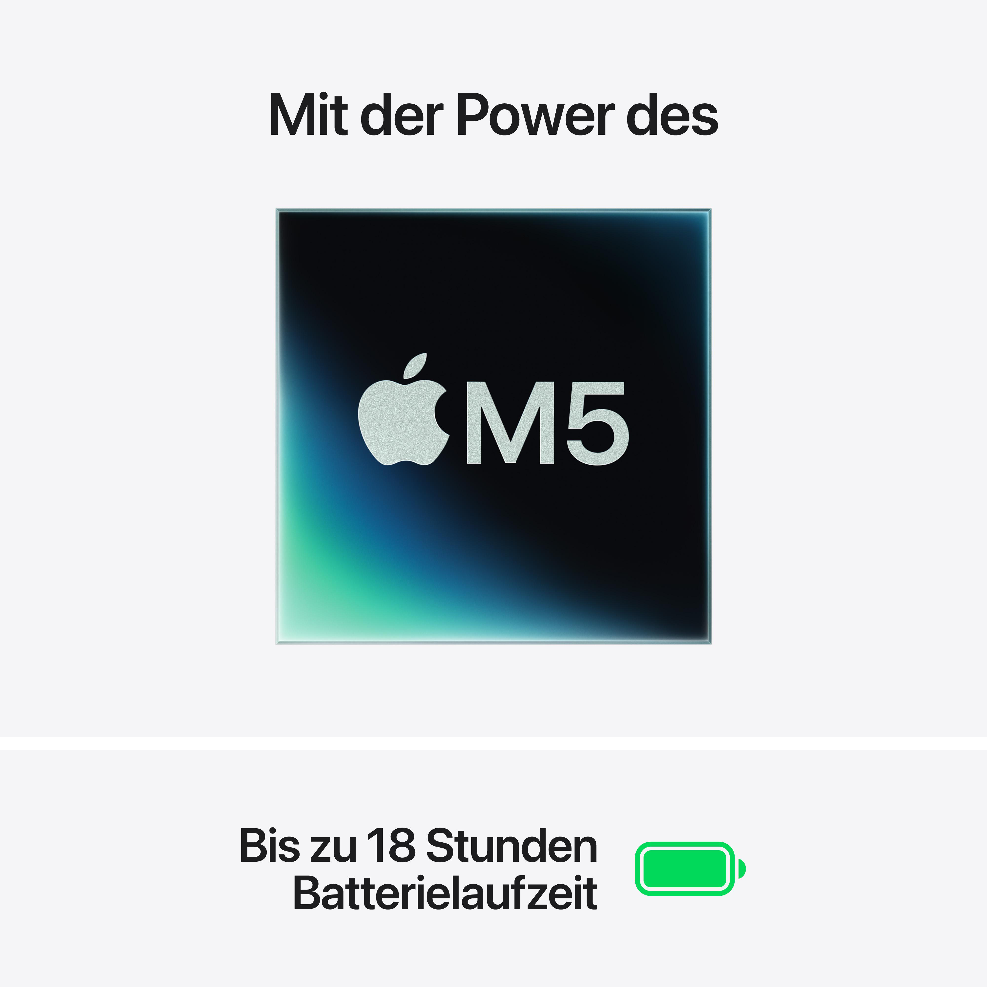 Apple M5 Chip und Akku-Symbol für 18 Stunden Laufzeit.