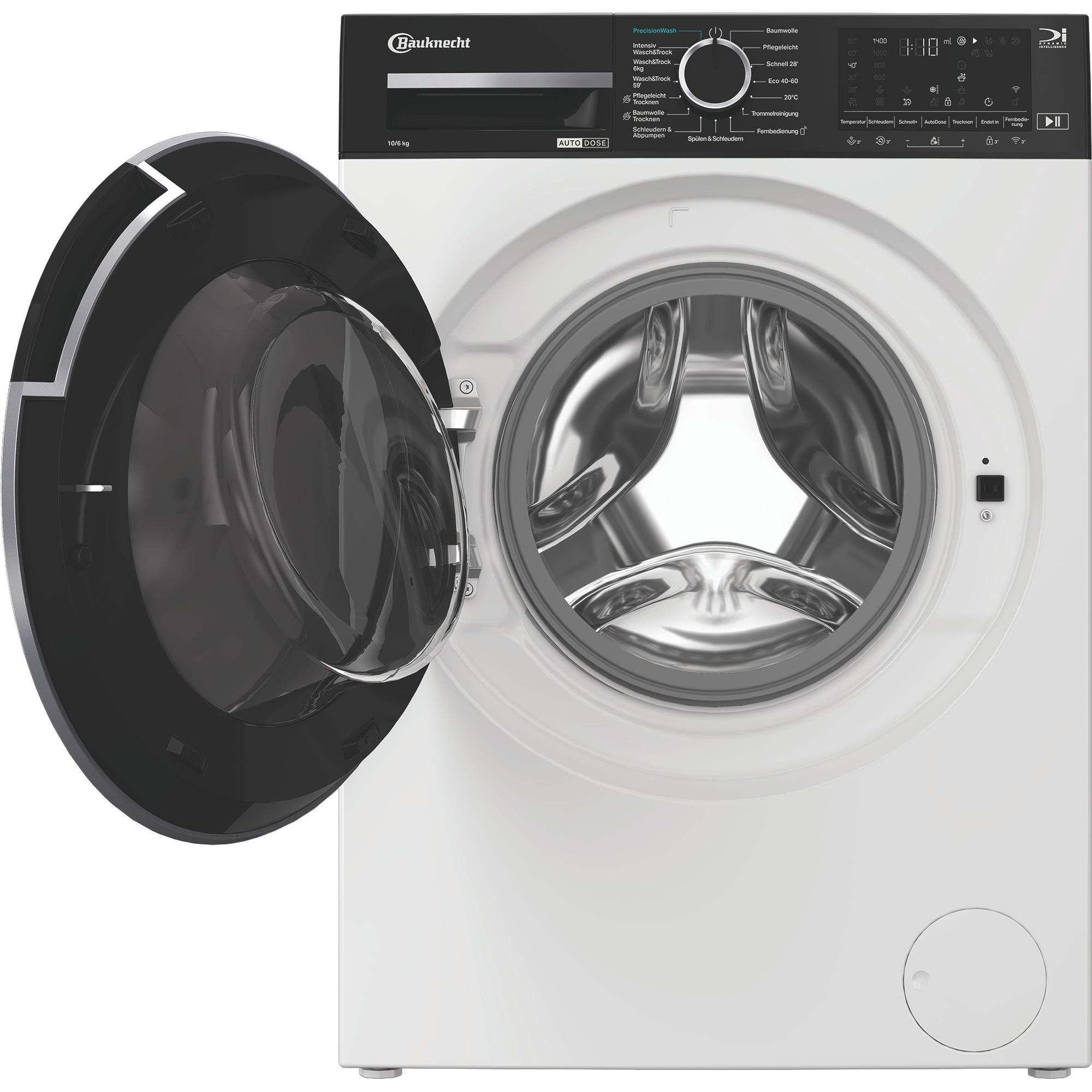 Eine weiße Bauknecht Waschmaschine mit geöffneter schwarzer Tür und silbernem Rand.