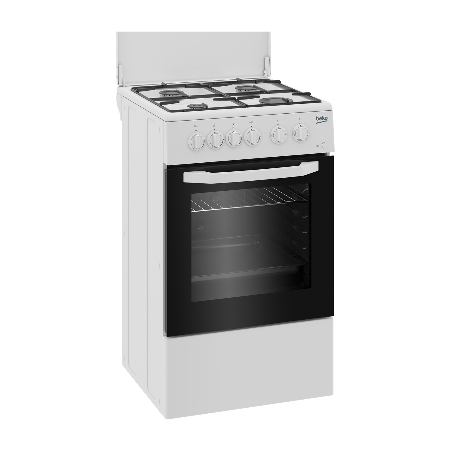 Fornello a gas bianco con quattro fuochi, porta del forno nera e manopole argentate.