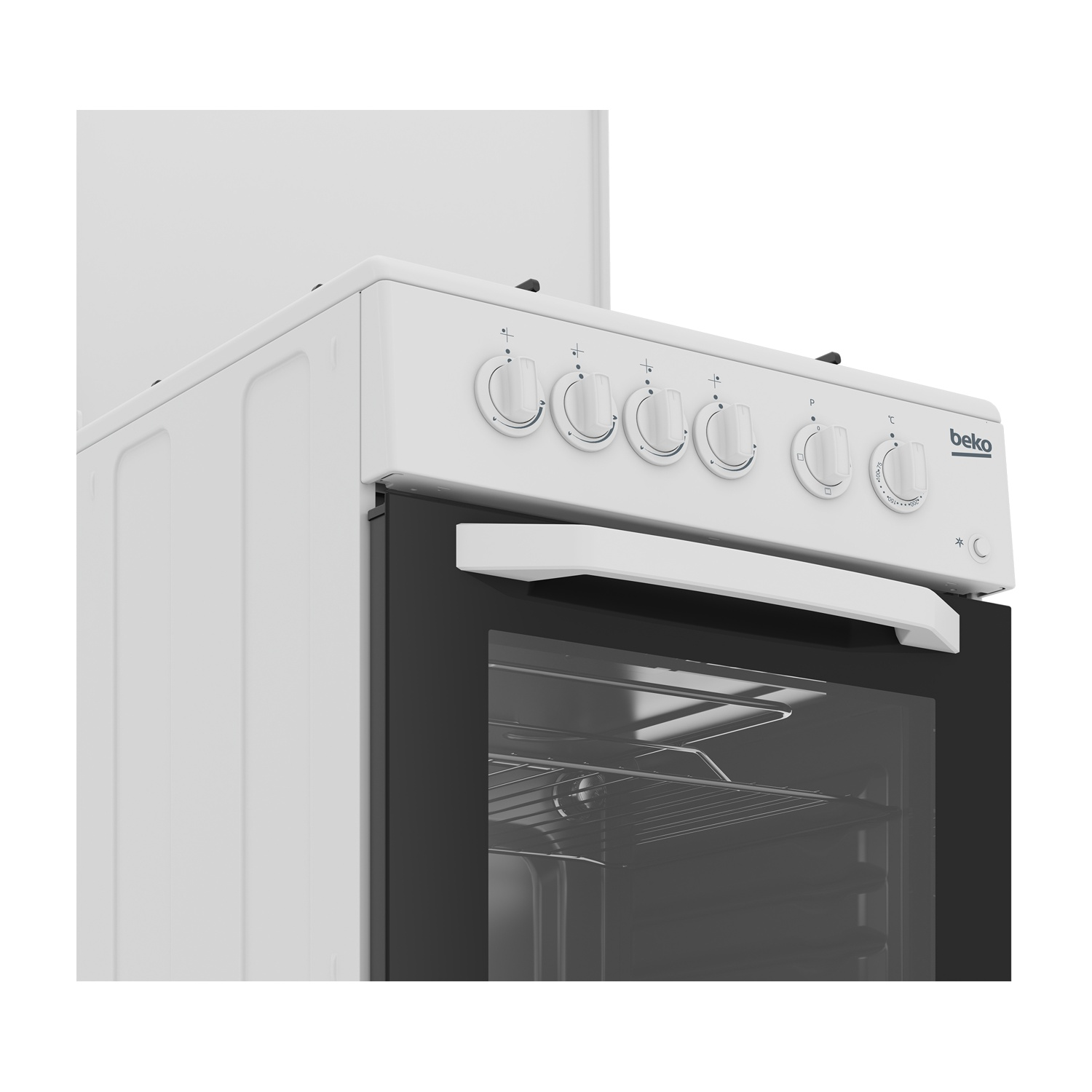 Un forno Beko bianco con porta in vetro e manopole.