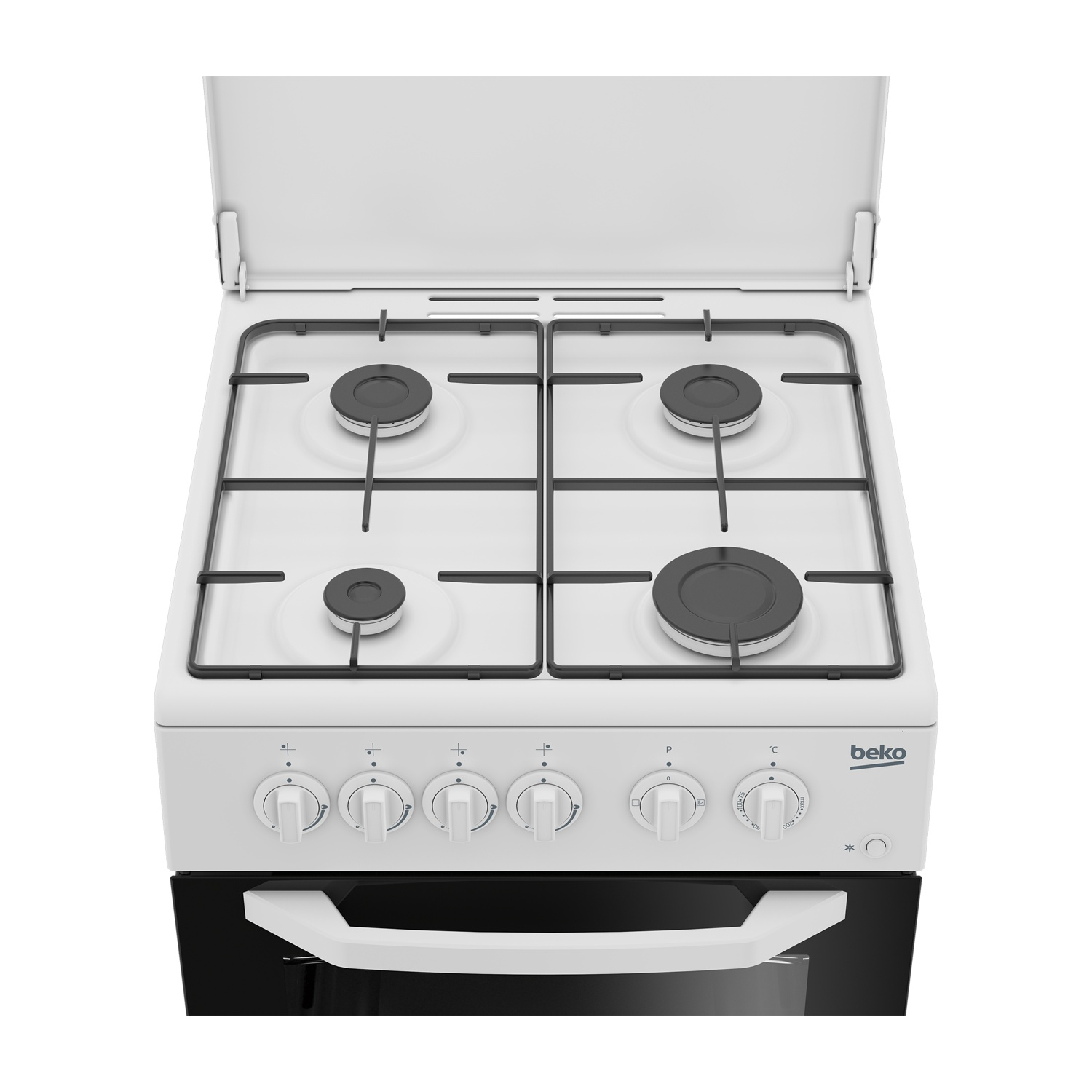 Un fornello a gas bianco con quattro fuochi, manopole e un forno nero.