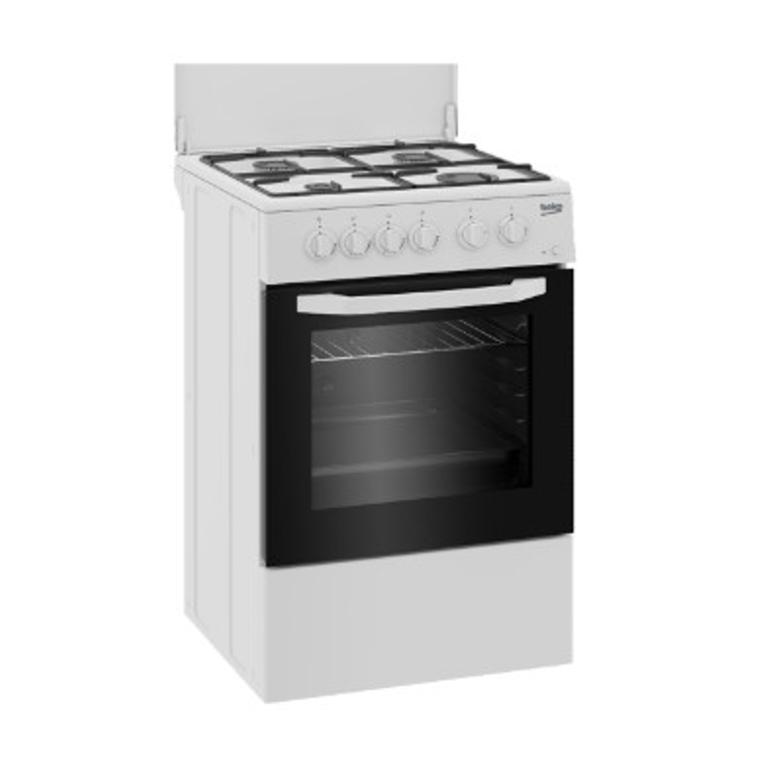 Un fornello a gas bianco con porta del forno e bruciatori neri.