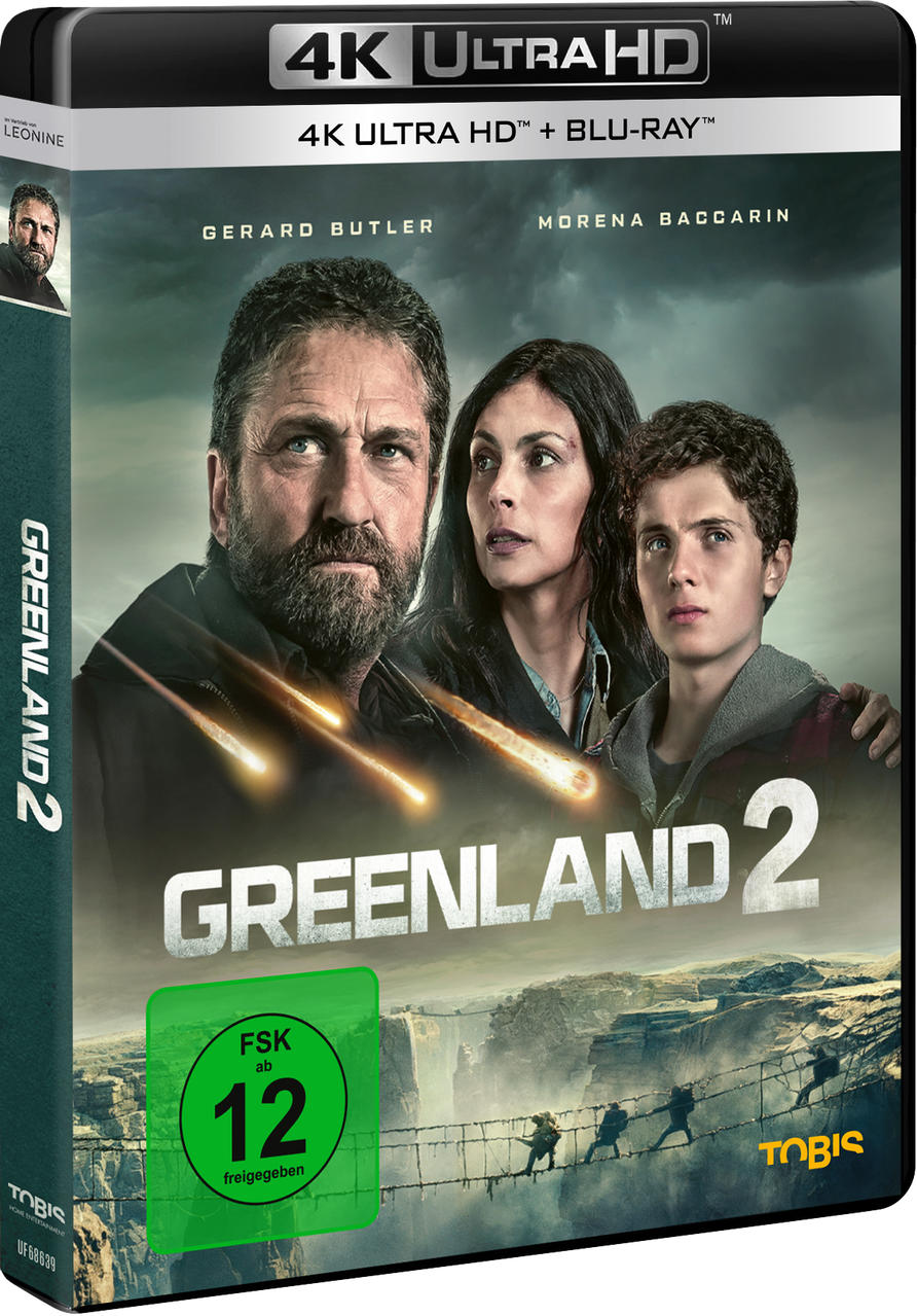 Kinoplakat "Greenland 2" mit Gerard Butler, Morena Baccarin und einem Jungen, Kometen fliegen.