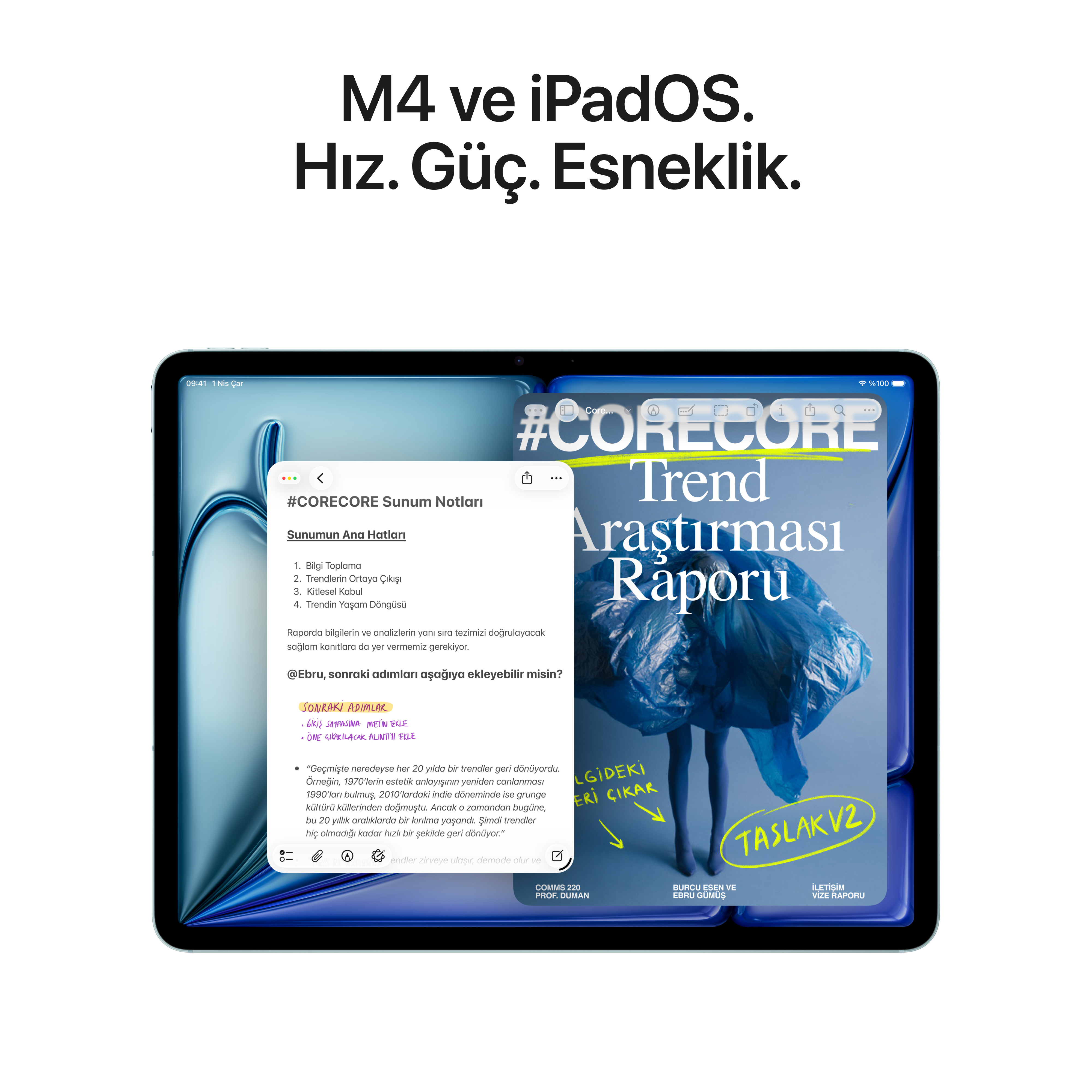 Tablet, not uygulaması ve mavi giysili dergi kapağı gösteriyor.