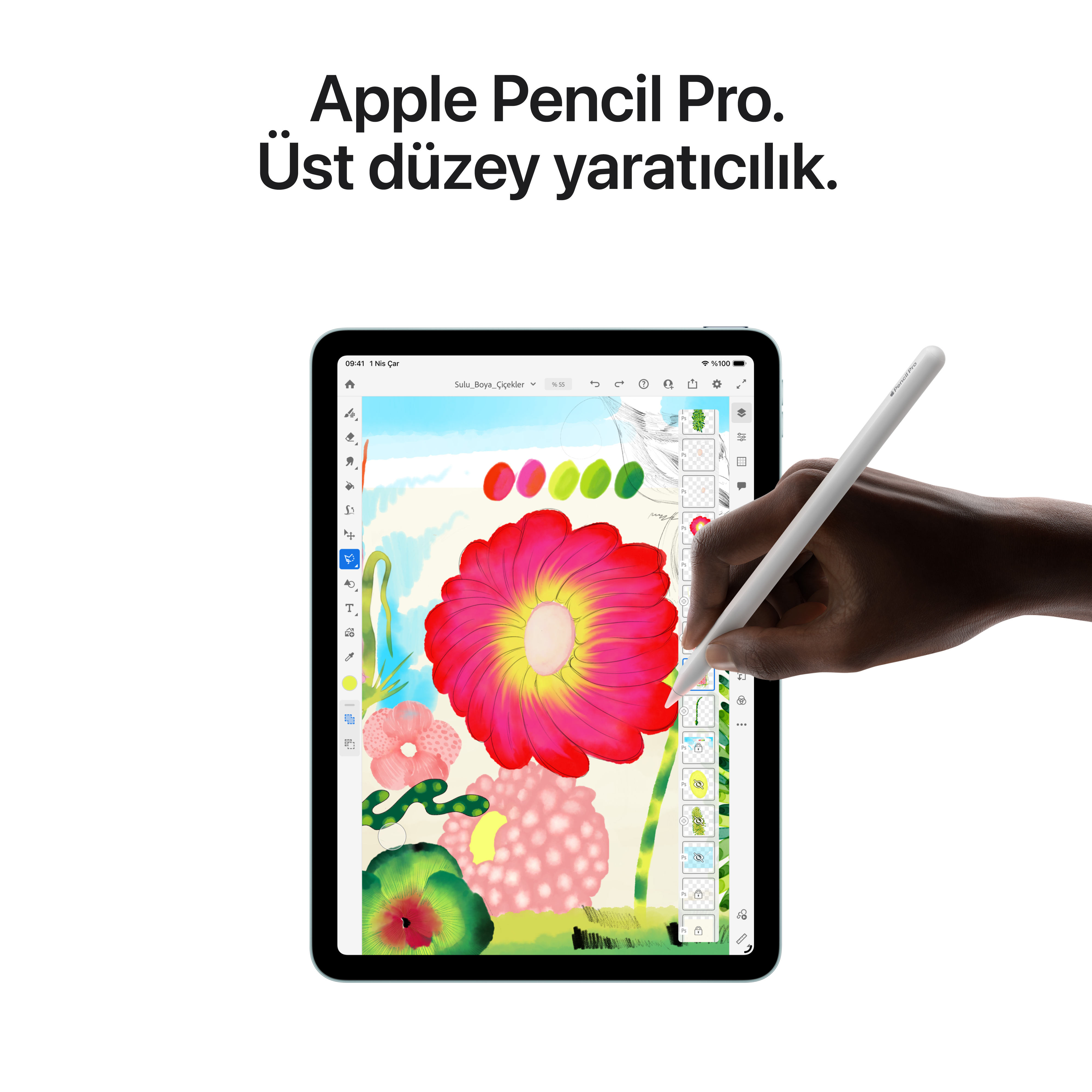 Bir el, Apple Pencil Pro ile tablette resim yapıyor. Renkli çiçekler.