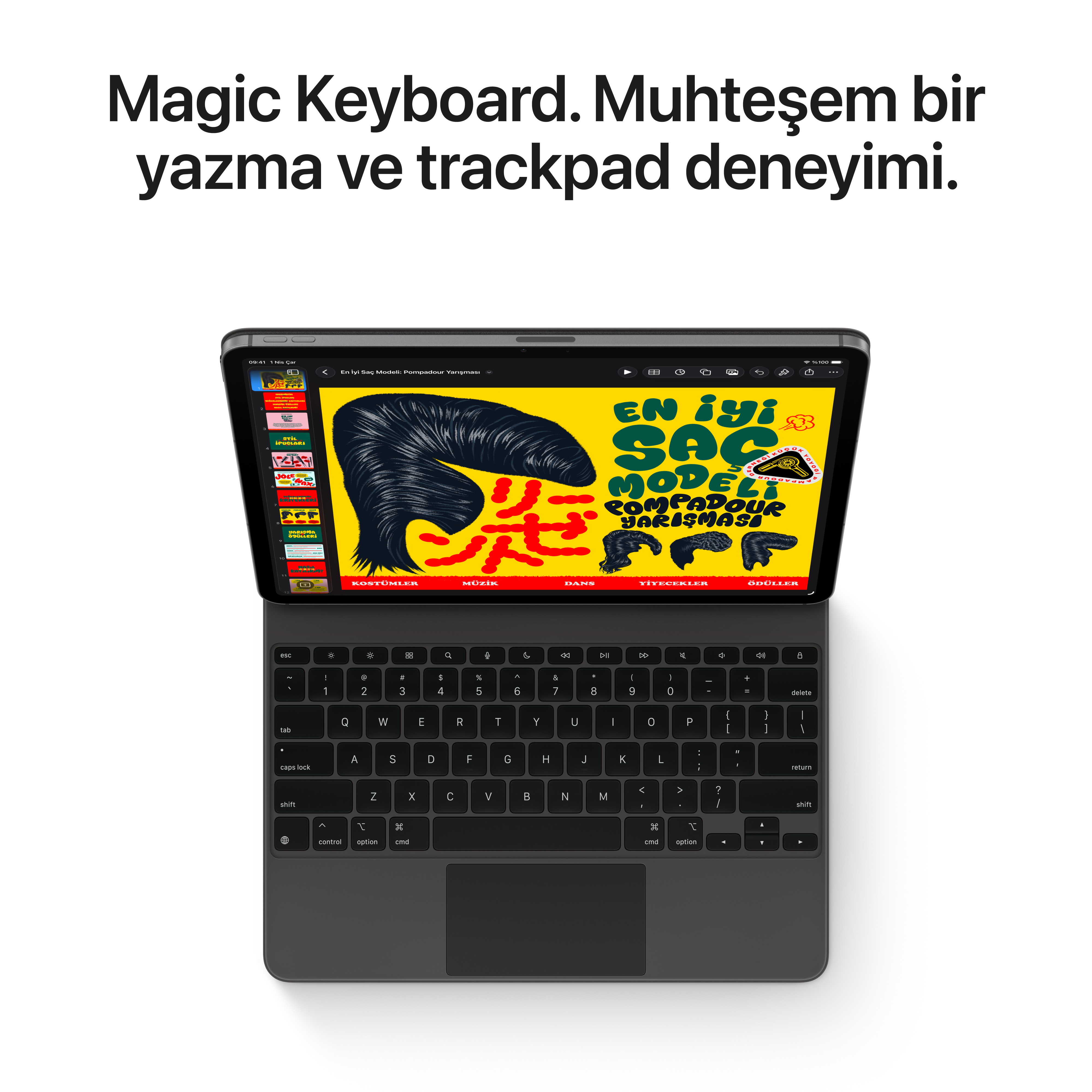 Renkli bir video ekranı gösteren tabletli siyah bir Magic Keyboard.