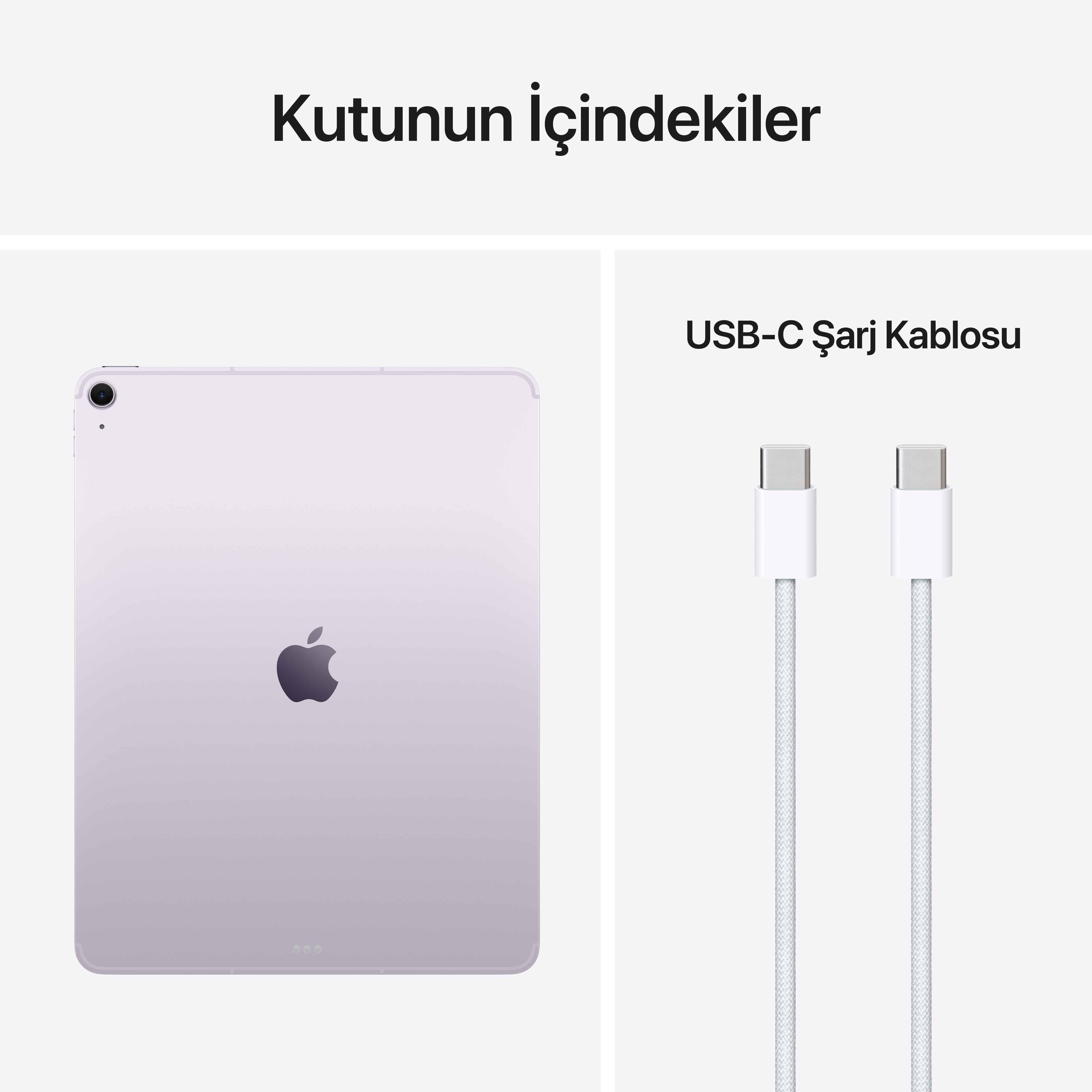 Mor bir tablet ve iki beyaz USB-C şarj kablosu.