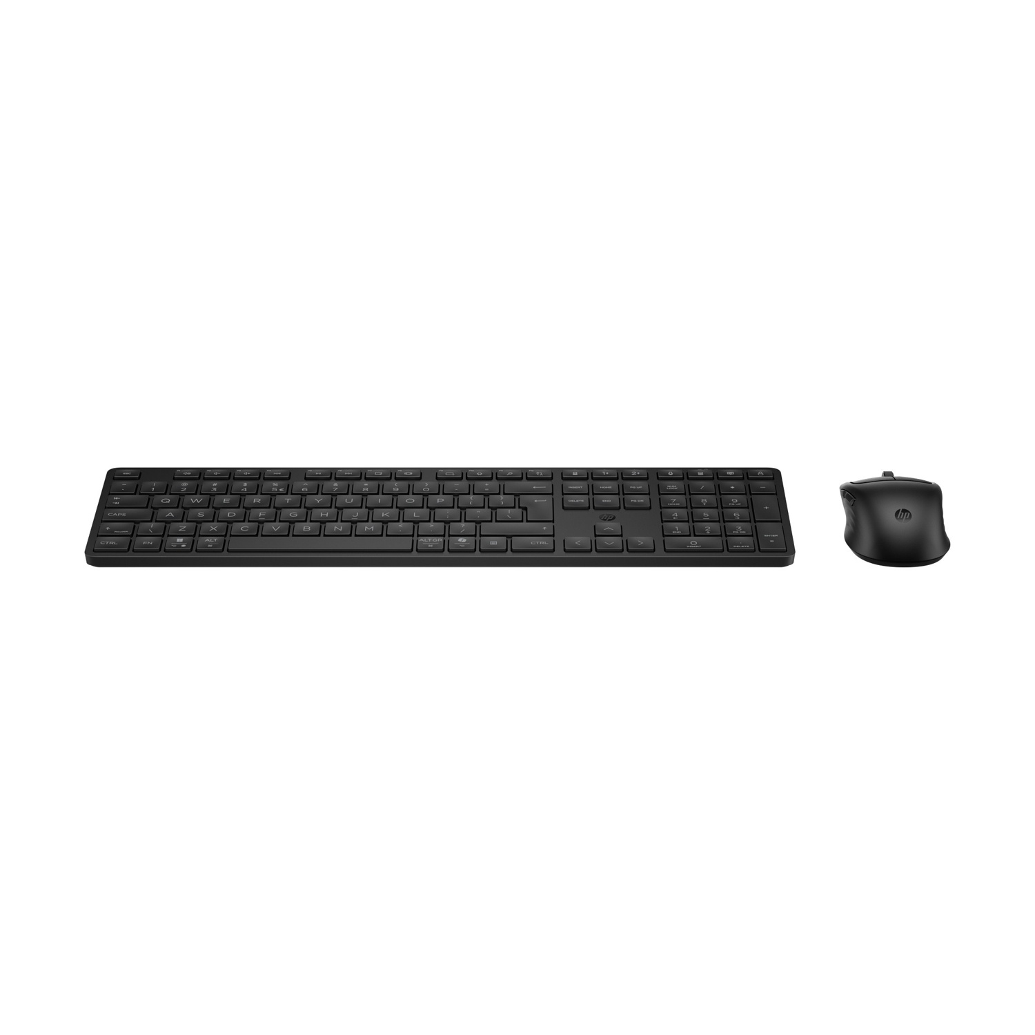 Una tastiera e un mouse neri per laptop HP su sfondo bianco.