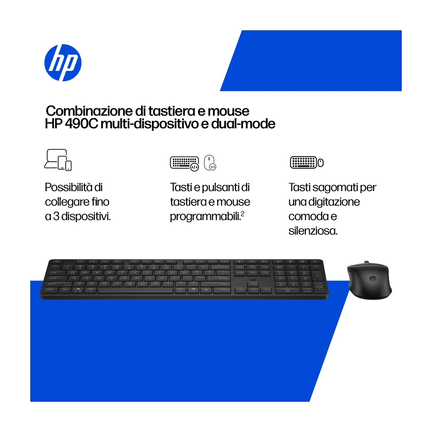 Combo tastiera e mouse HP 490C, multi-dispositivo, dual-mode, tasti programmabili.