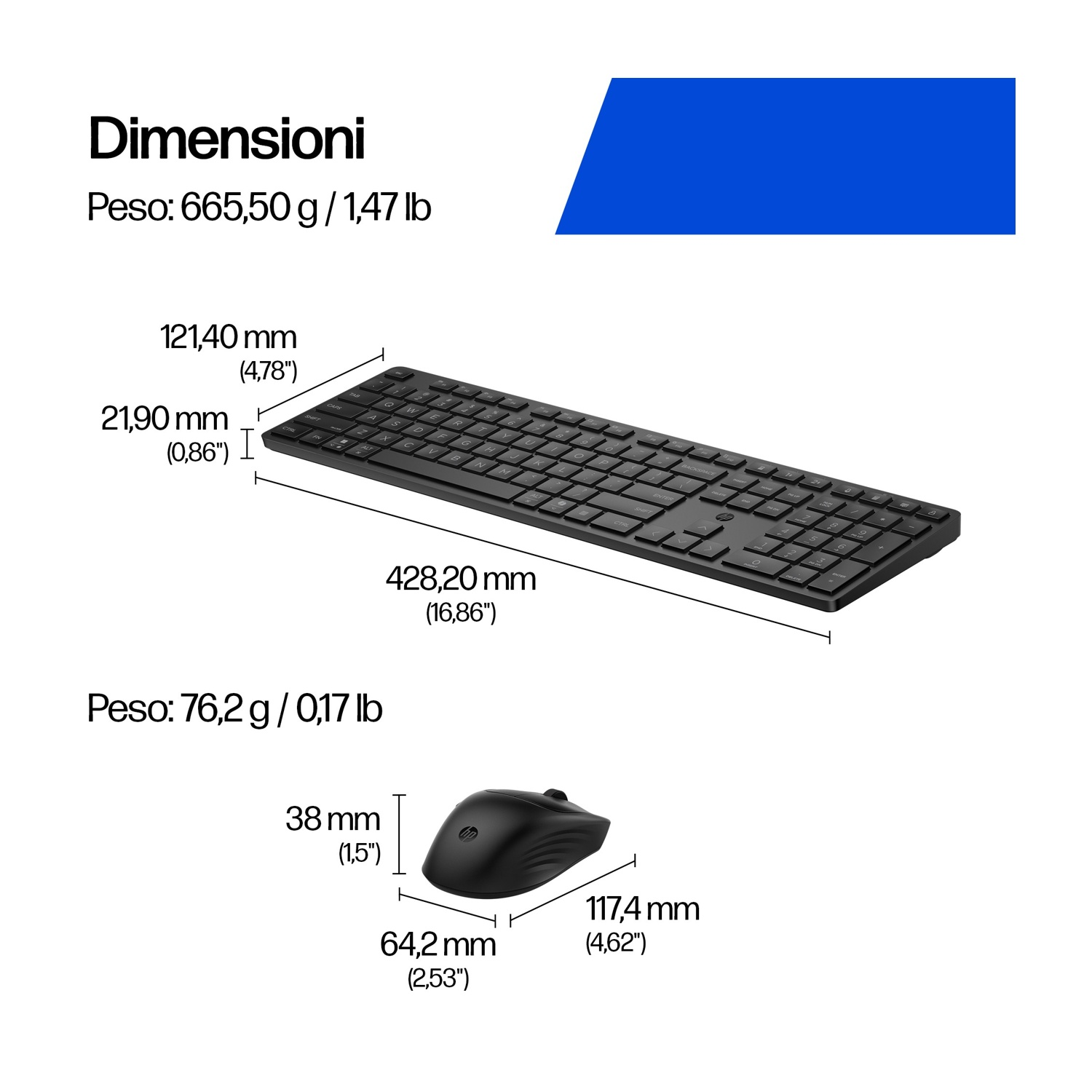 Tastiera e mouse neri con dimensioni e pesi.