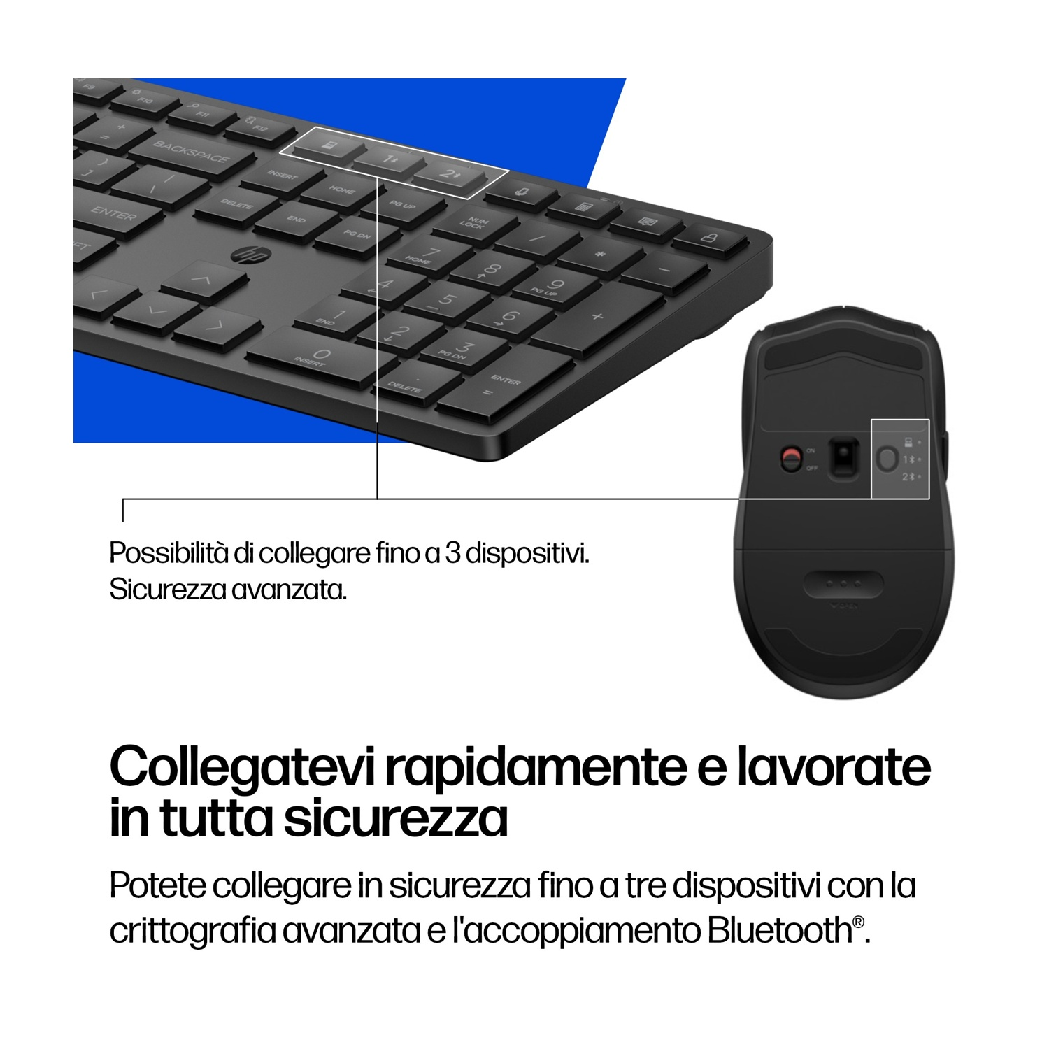 Tastiera e mouse neri con tastierino numerico. Opzioni di connessione Bluetooth evidenziate.