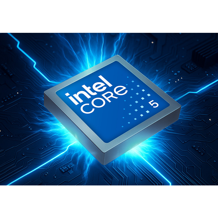 Procesor Intel Core 5 na niebieskiej płytce drukowanej ze świecącymi liniami.