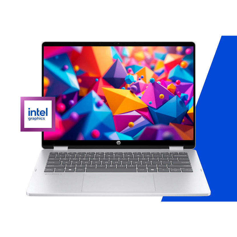 Srebrny laptop HP z kolorowymi abstrakcyjnymi kształtami geometrycznymi na ekranie. Logo Intel Graphics.