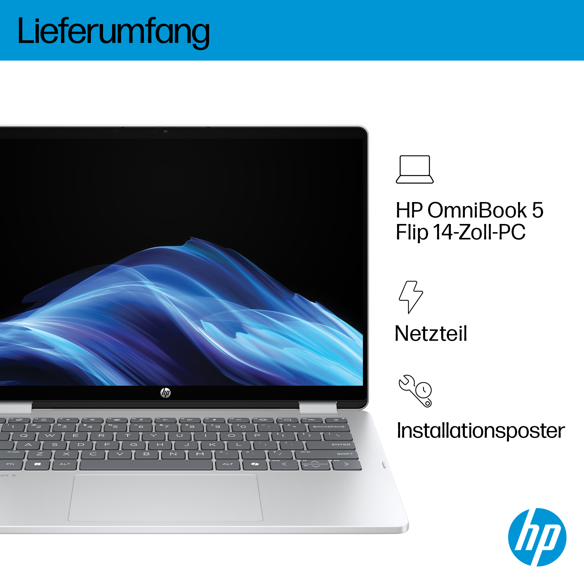 HP OmniBook 5 Flip 14-Zoll-PC mit Tastatur, Netzteil und Installationsposter.