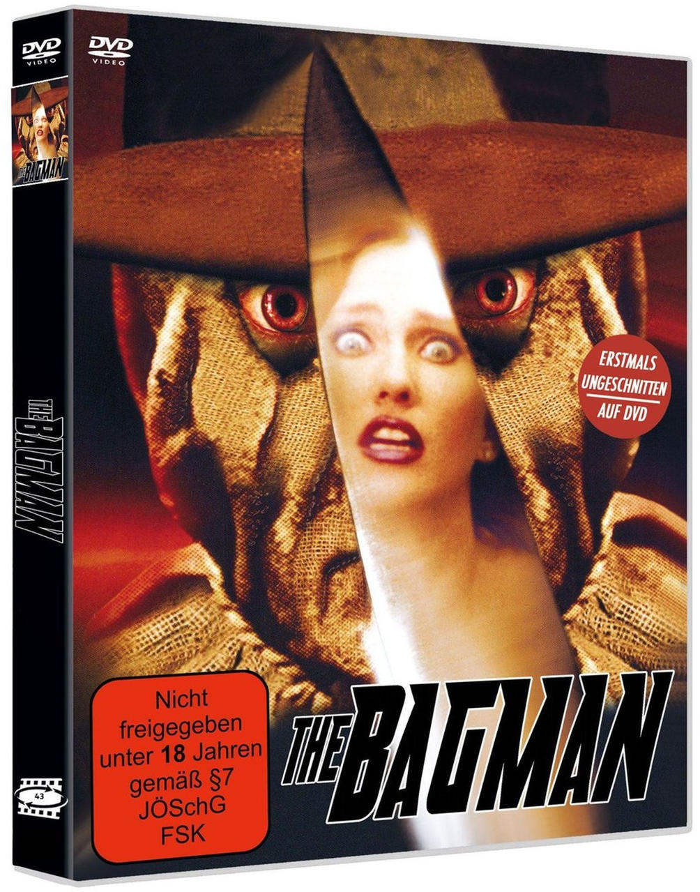 Horror-DVD-Cover: Mann mit Hut, leere Augen, Frau im Spiegel.