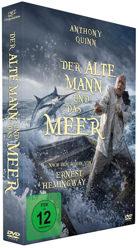 Ein Mann in einem Boot kämpft mit einer großen Marlin im stürmischen Meer.