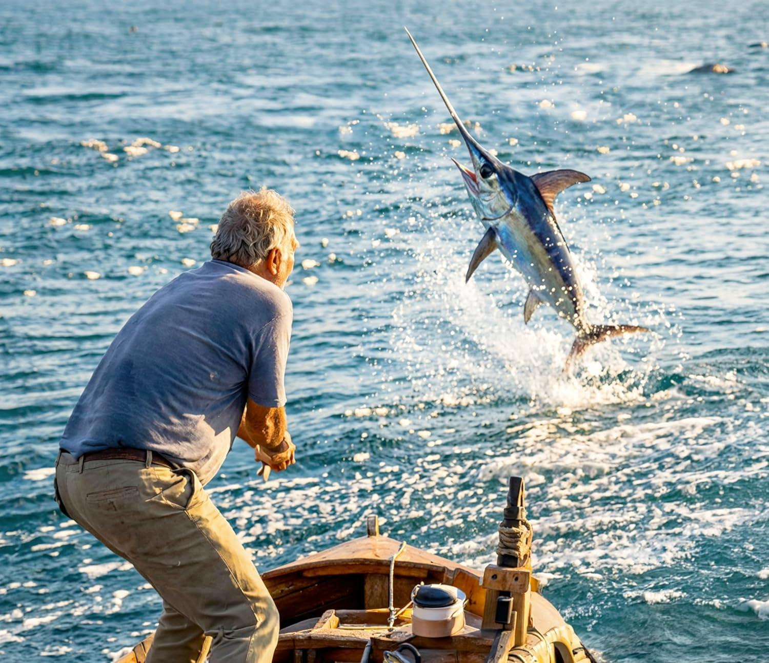 Ein Mann in einem Boot beobachtet einen springenden Schwertfisch im blauen Wasser.
