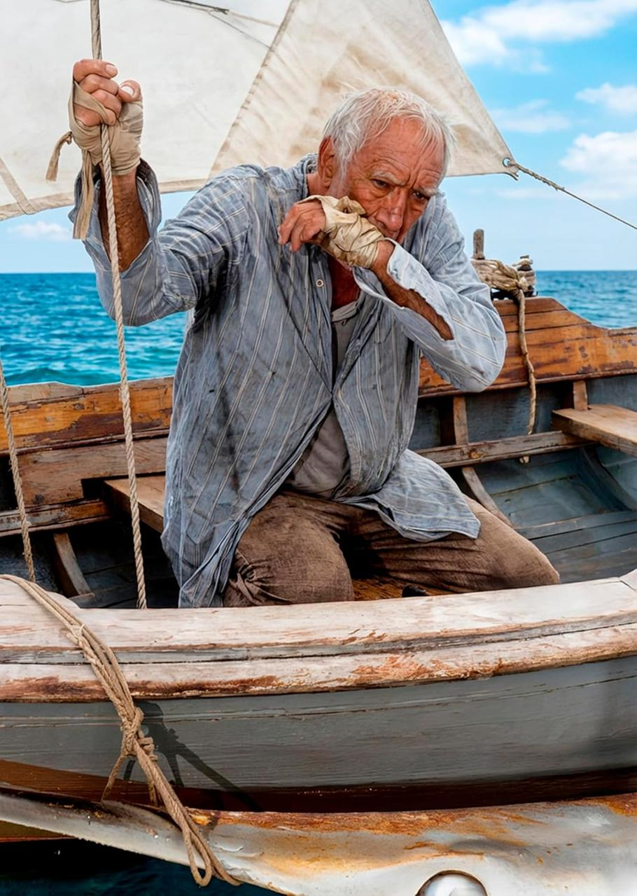 Ein älterer Mann mit Bandagen an den Händen in einem Boot auf dem Meer.