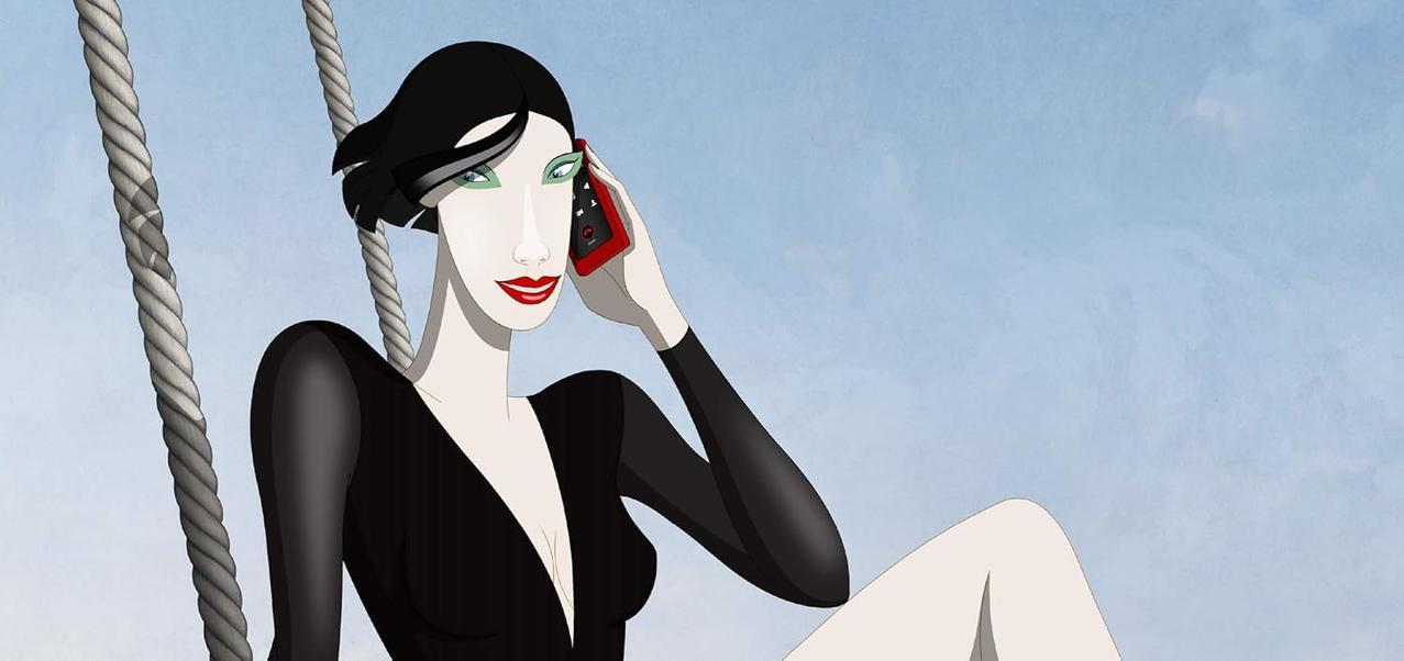 Eine Frau in Schwarz telefoniert auf einer Schaukel vor blauem Himmel.