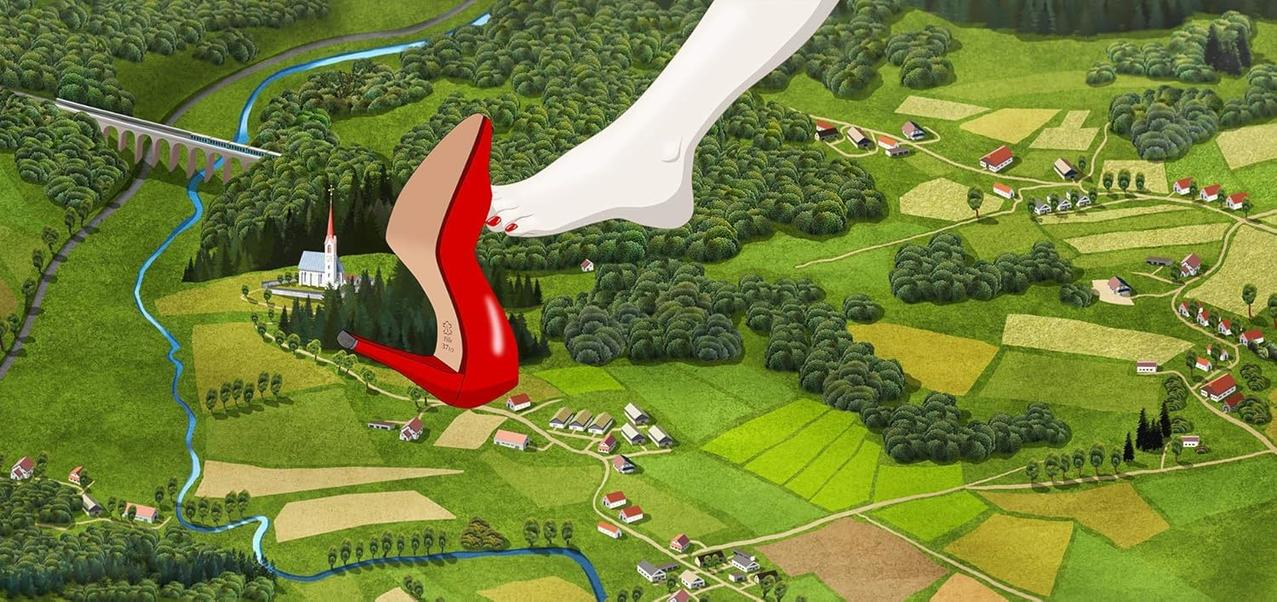Ein riesiger Fuß mit rotem Schuh tritt auf eine ländliche Landschaft mit Dörfern und Wäldern.