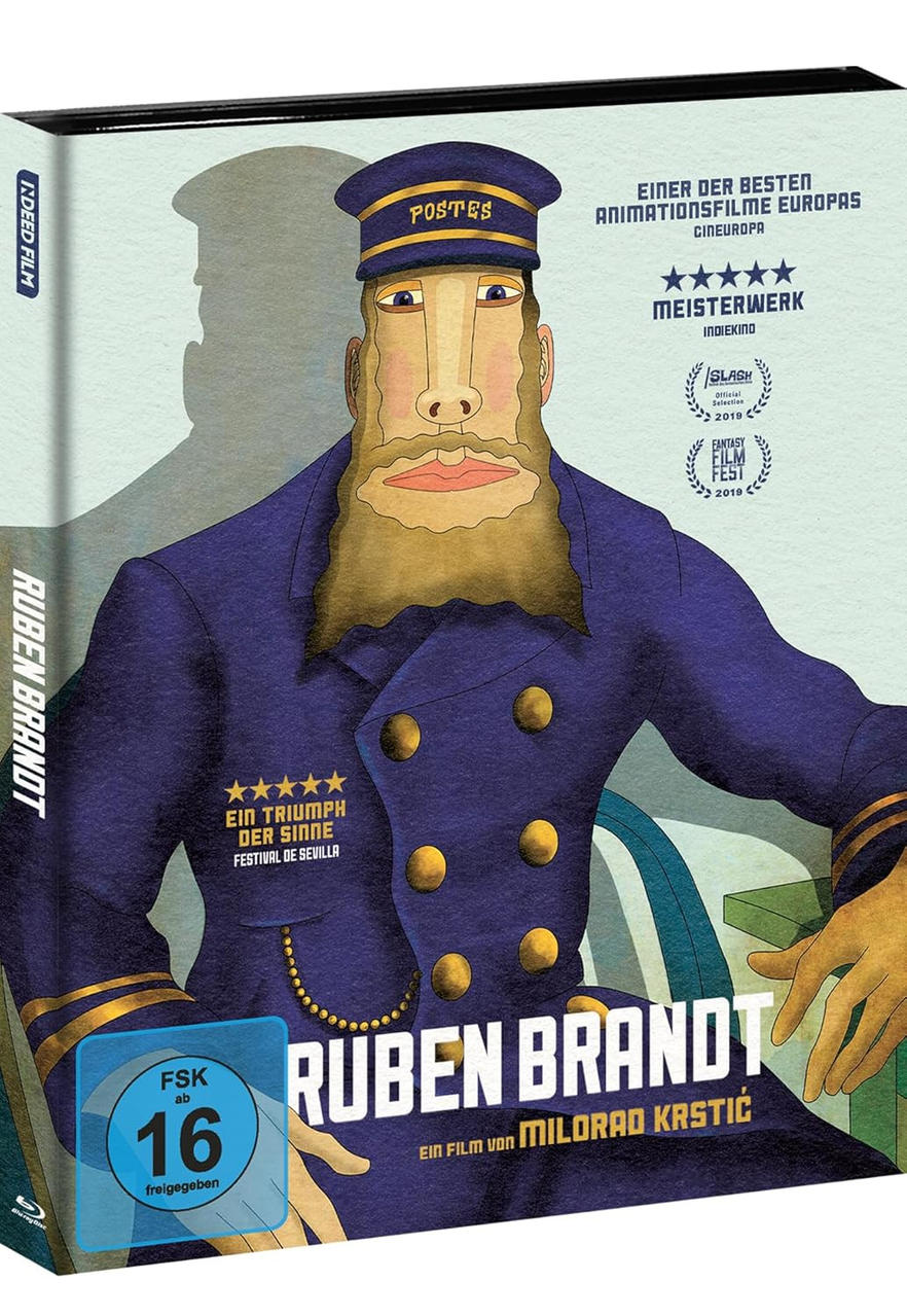 Ein animierter Postbeamter mit Bart trägt eine blaue Uniform und Mütze. Filmplakat.