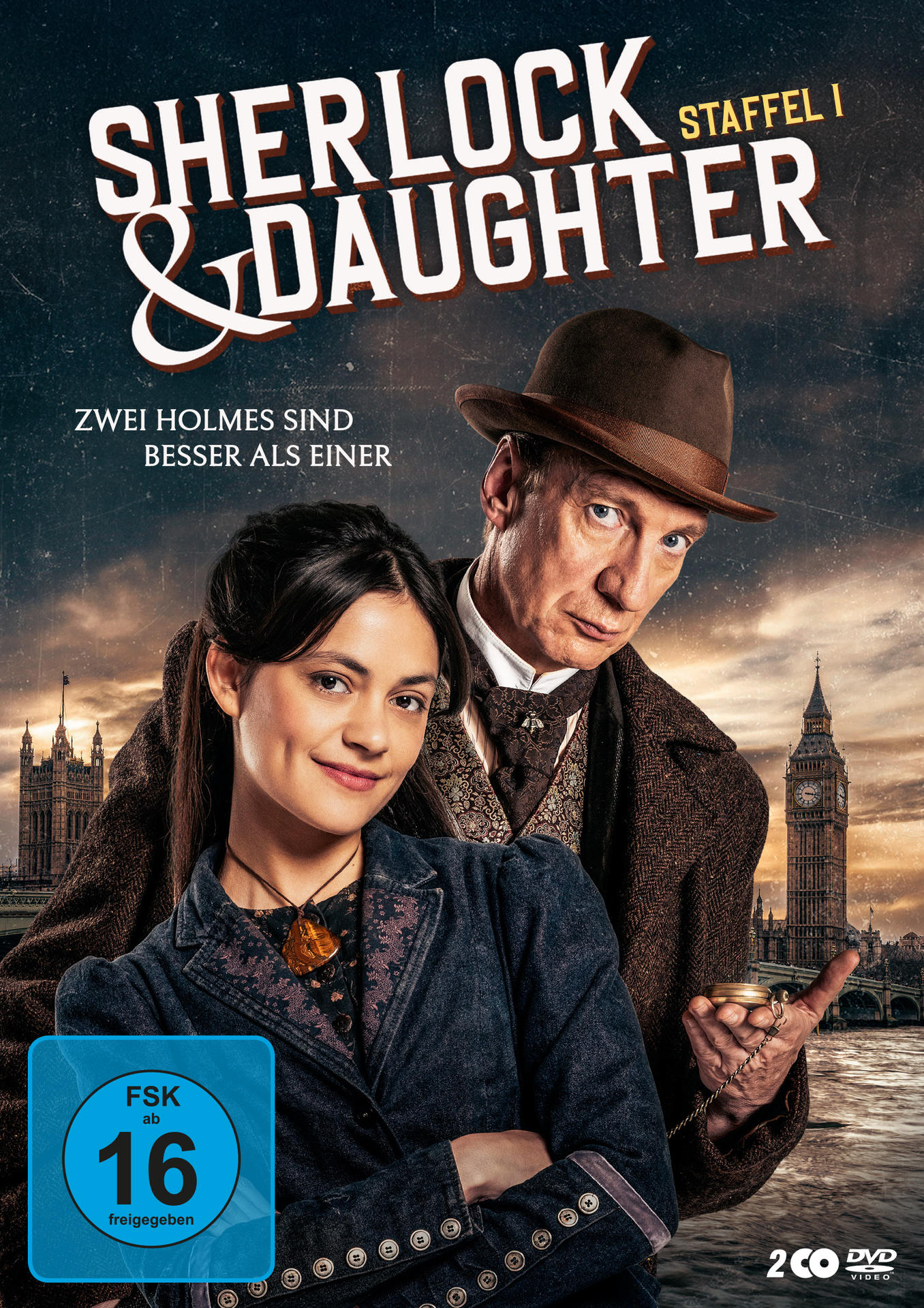 Sherlock & Daughter: Mann mit Hut und junge Frau vor London-Skyline.