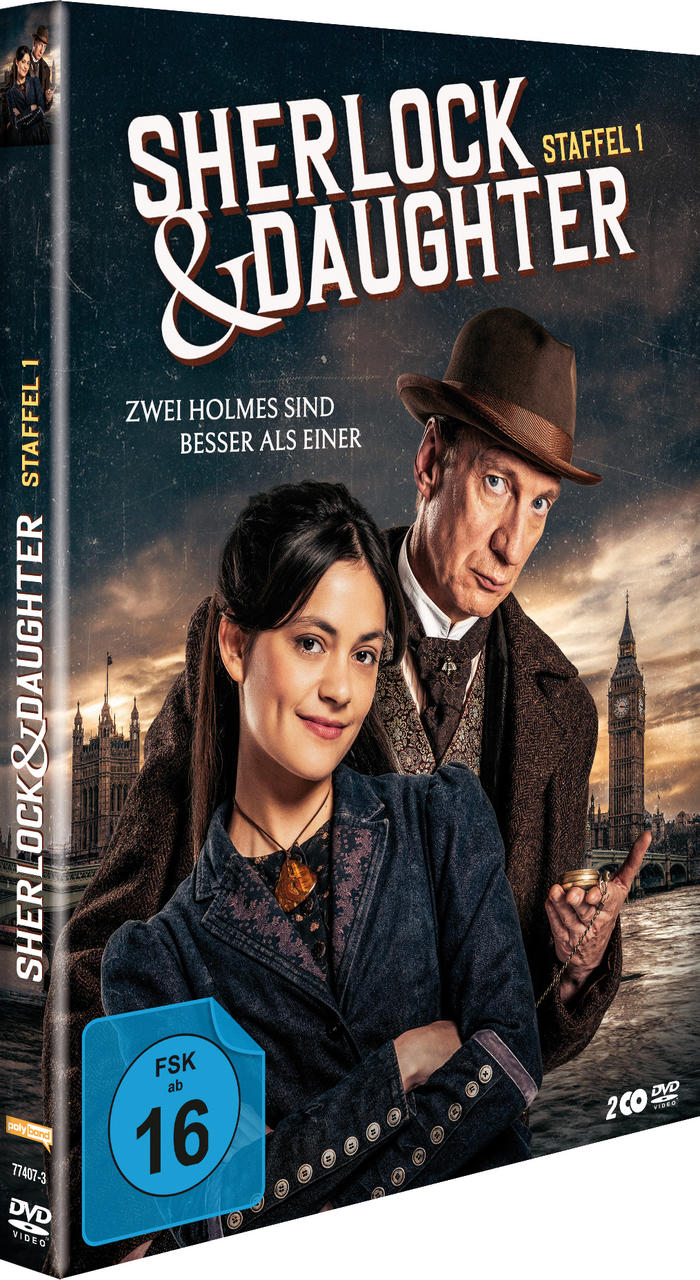 Sherlock & Daughter Staffel 1 DVD Cover mit zwei Personen vor Londoner Skyline.