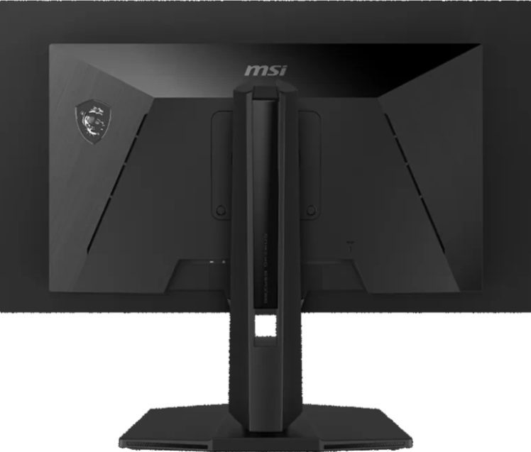 Rückseite eines schwarzen MSI Gaming Monitors mit silbernem Logo.