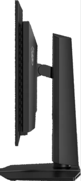 Seitenansicht eines schwarzen Monitors mit silbernem Logo auf dem Standfuß.