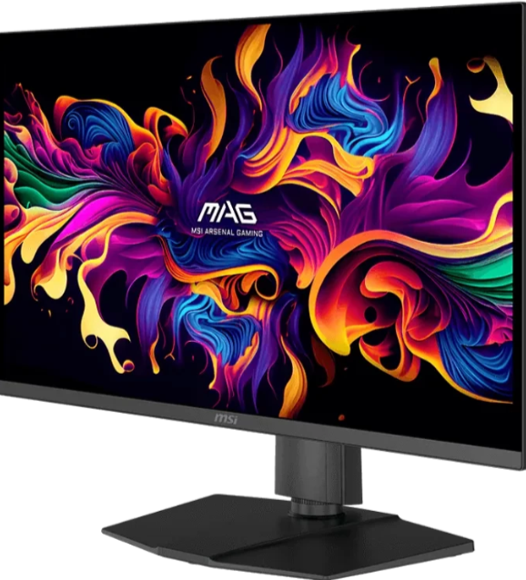 Ein schwarzer MSI Gaming-Monitor mit einem bunten, abstrakten Hintergrund.