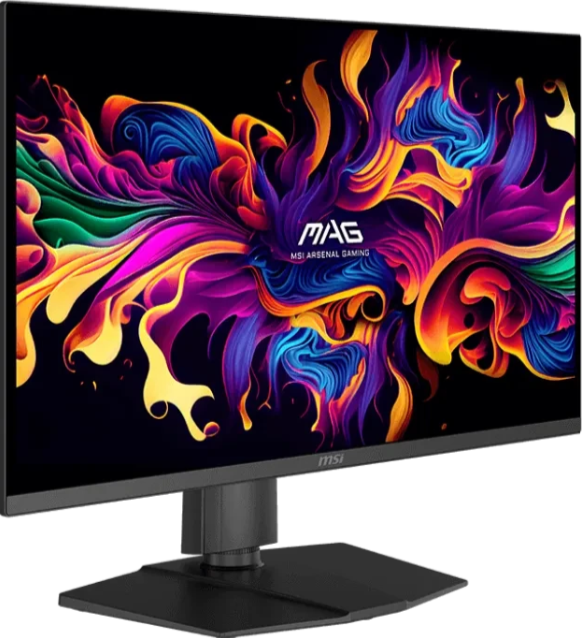 Ein schwarzer MSI-Monitor zeigt ein lebendiges, abstraktes Design mit fließenden Formen in Lila, Blau, Orange und Gelb.