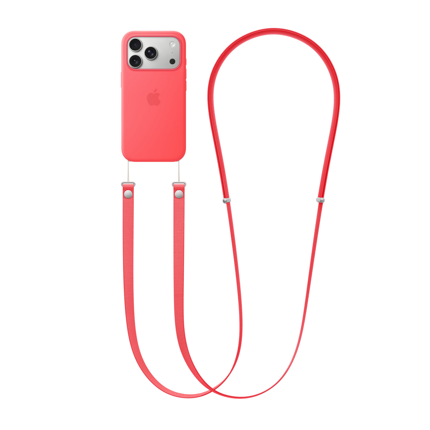 Funda de iPhone coral con accesorio de cordón rojo.