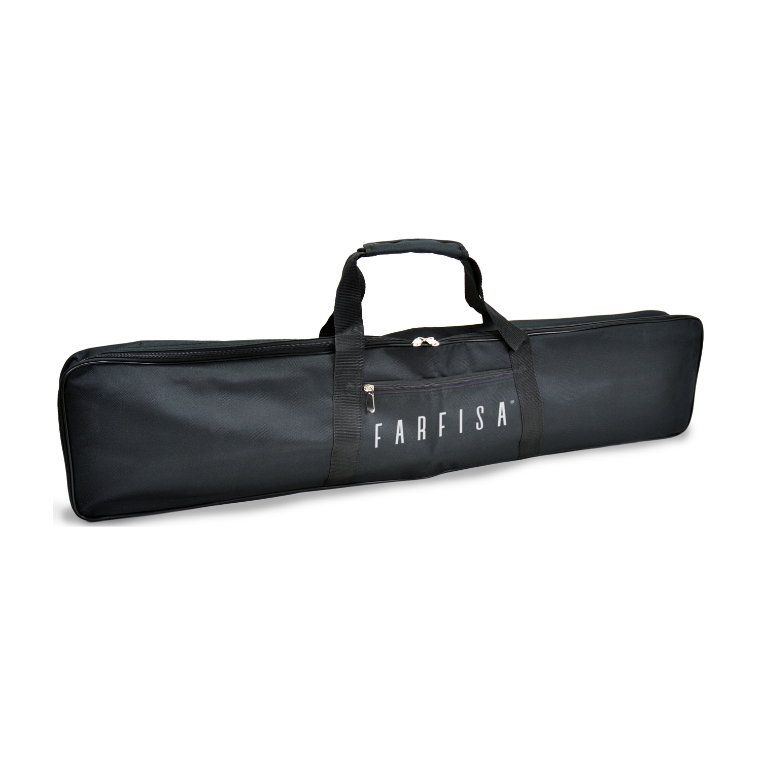 Borsa lunga nera con zip e manico. Marchio FARFISA visibile.