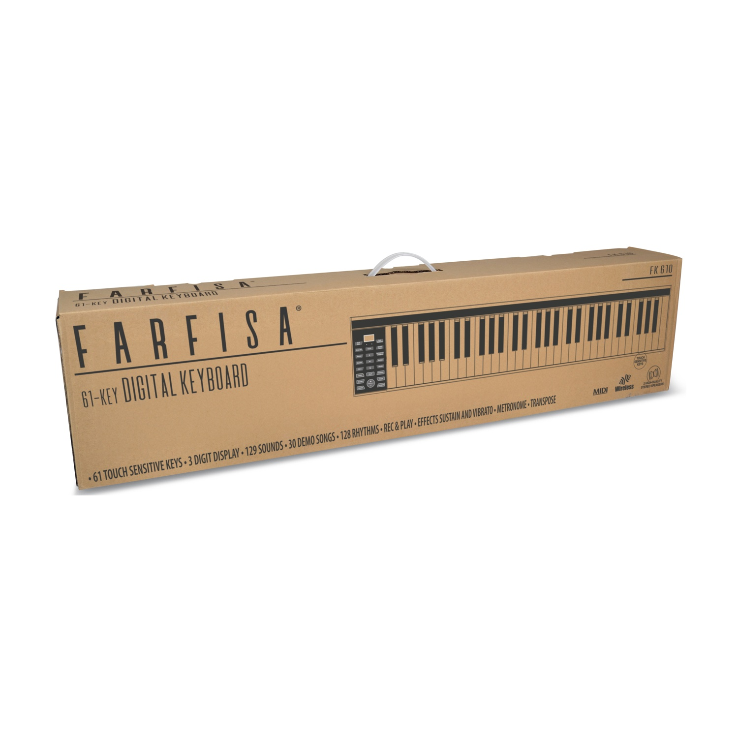 La scatola di una tastiera digitale Farfisa a 61 tasti, con immagine dei tasti e caratteristiche.