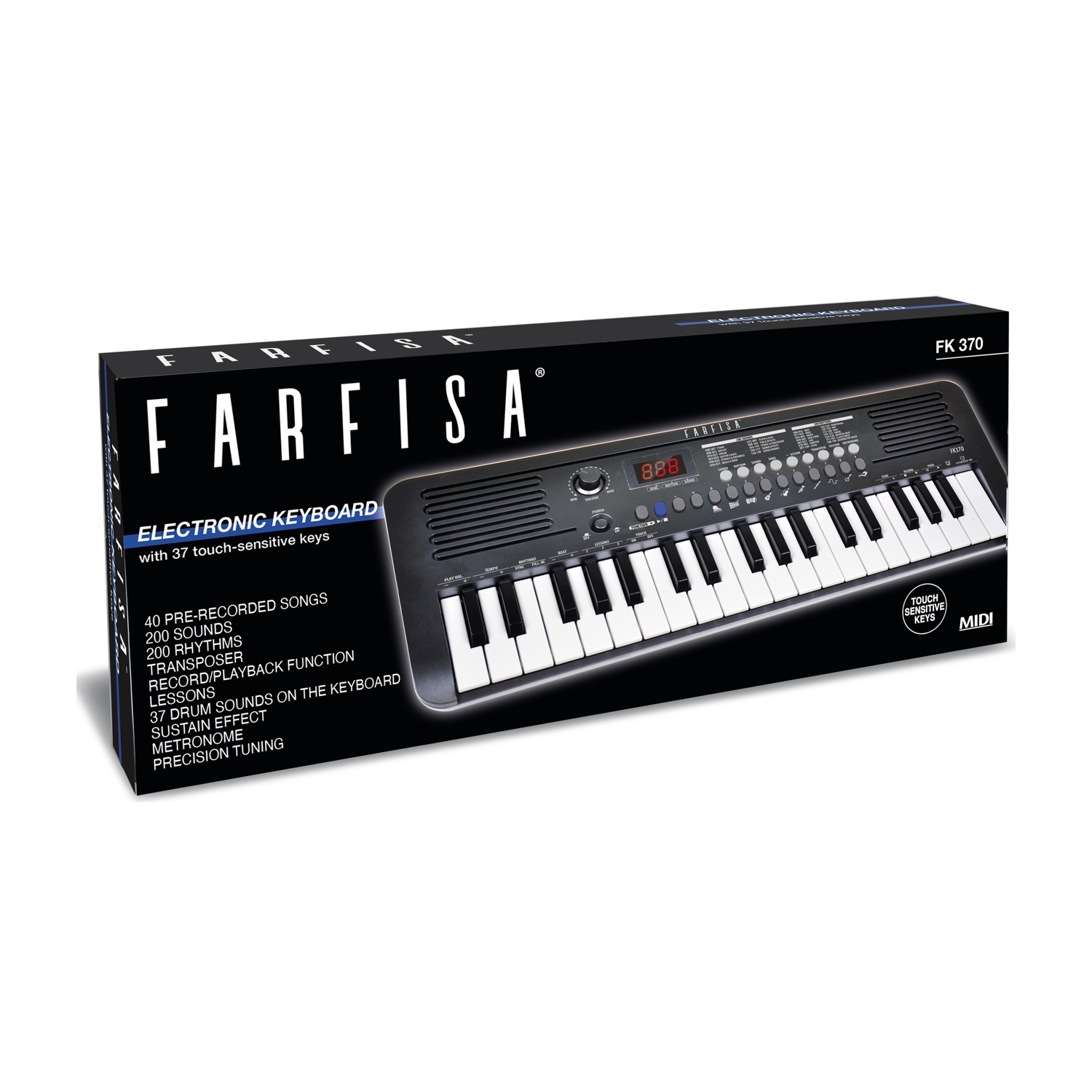 Scatola di una tastiera elettronica FARFISA FK 370 nera con 37 tasti.