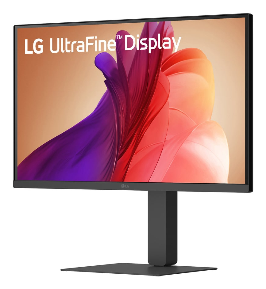 Monitor LG UltraFine Display z abstrakcyjną fioletowo-pomarańczową grafiką.