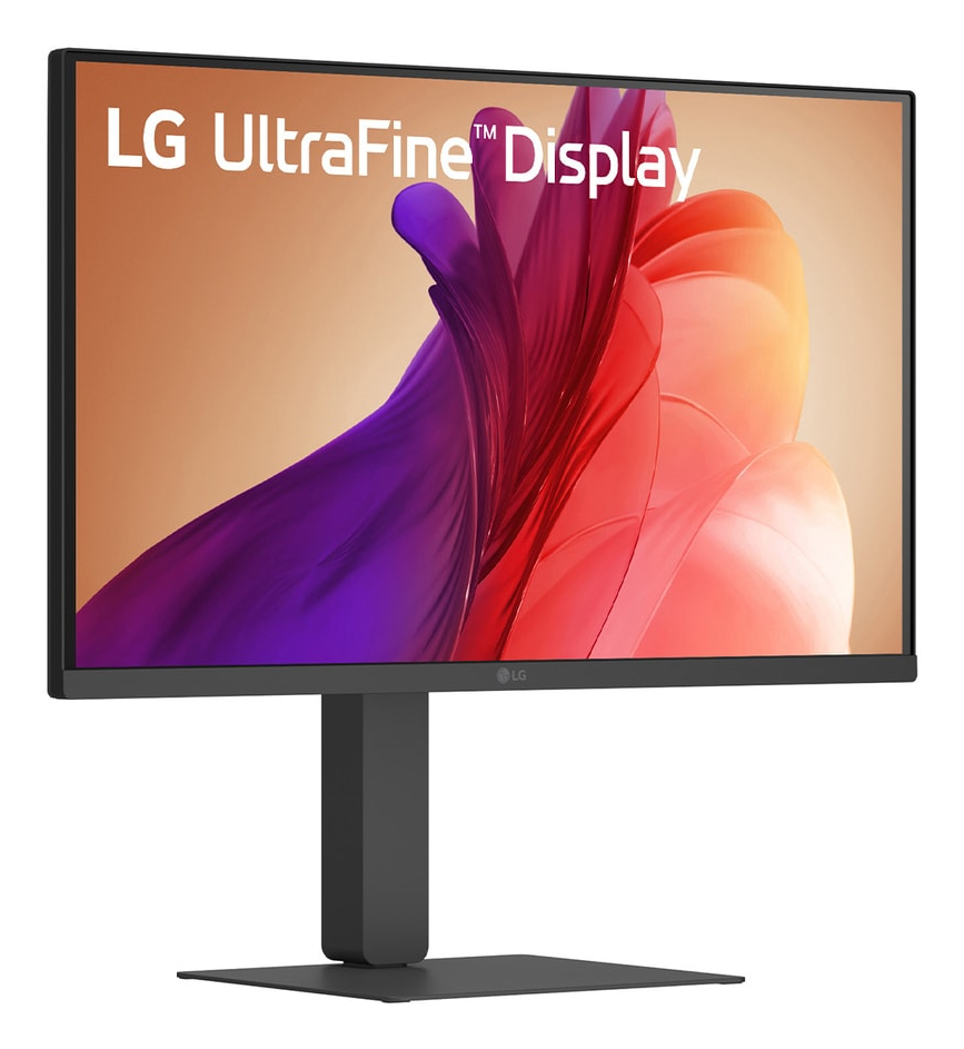 Monitor LG UltraFine z abstrakcyjnym, płynnym fioletowo-pomarańczowym tłem.