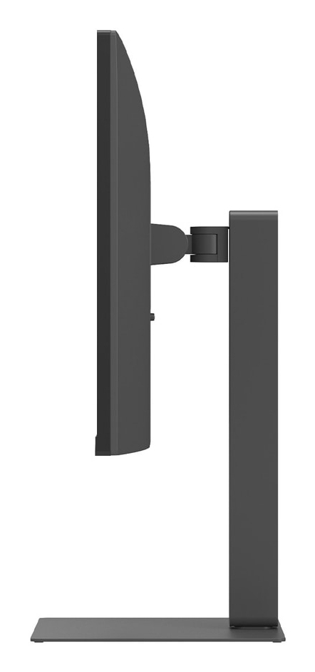 Szary monitor z ramieniem obrotowym i prostokątną podstawą.