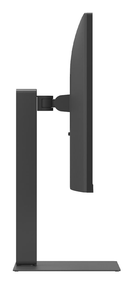 Szary stojak na monitor z regulowanym ramieniem, widok z boku, białe tło.