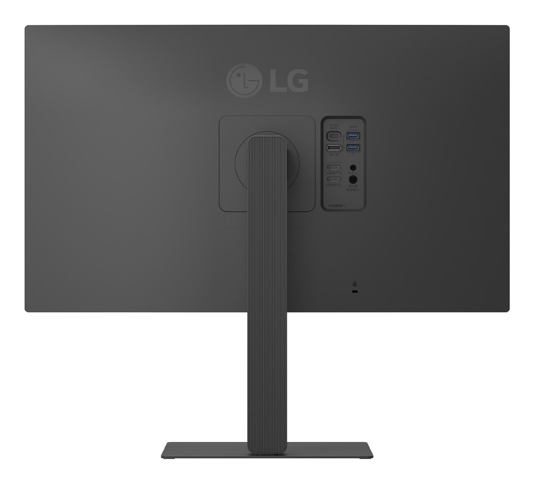 Tył czarnego monitora LG z portami i podstawką. Zawiera USB-C, HDMI.