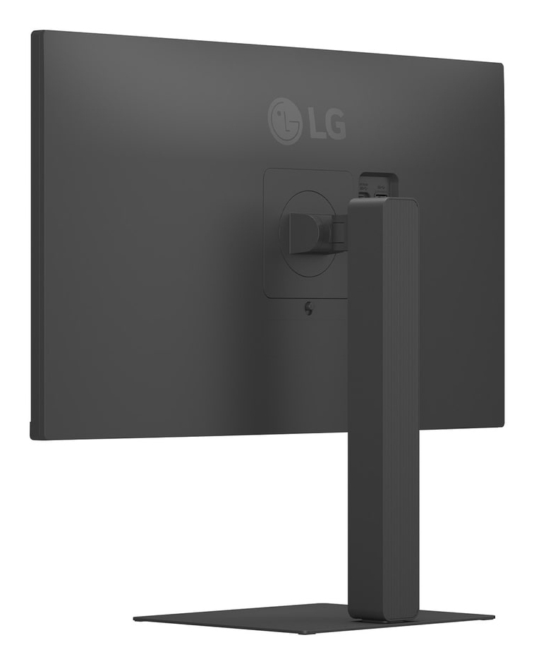 Tył czarnego monitora LG z portem i podstawką.
