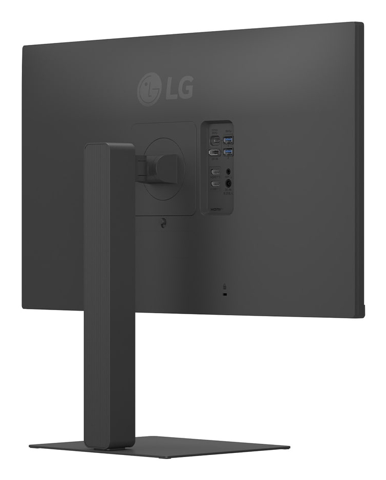 Tył czarnego monitora LG z portami i podstawką.