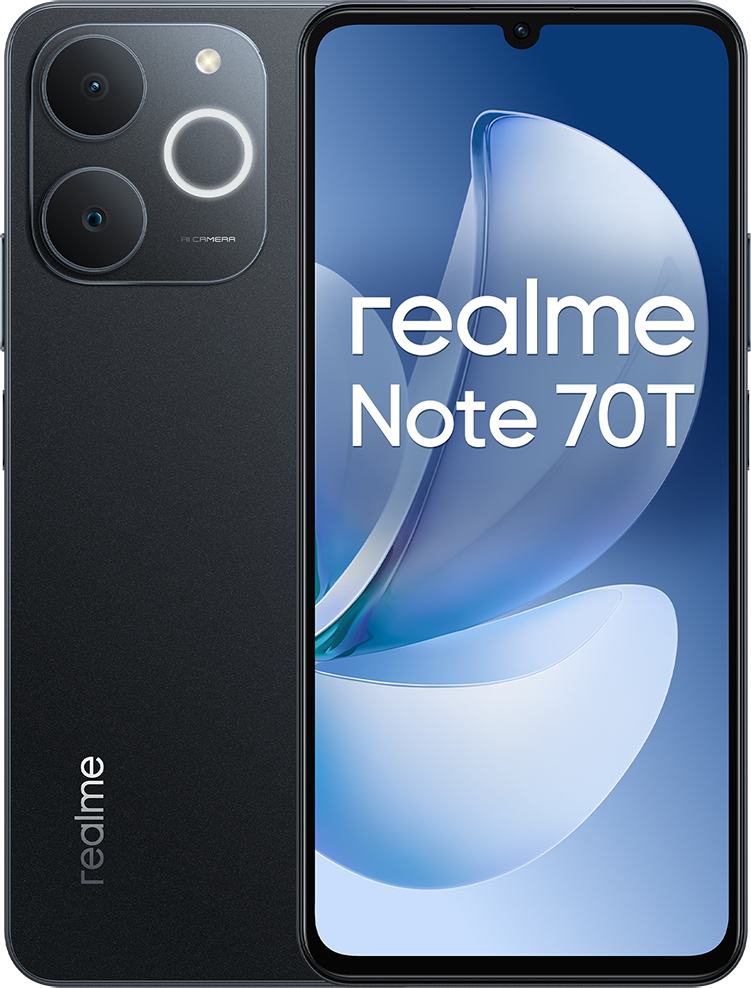 Egy fekete Realme Note 70T okostelefon három hátlapi kamerával.