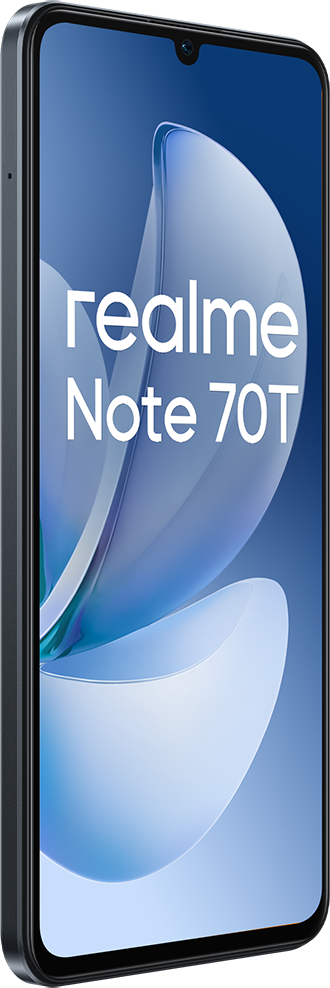 Egy Realme Note 70T okostelefon kék háttérrel.