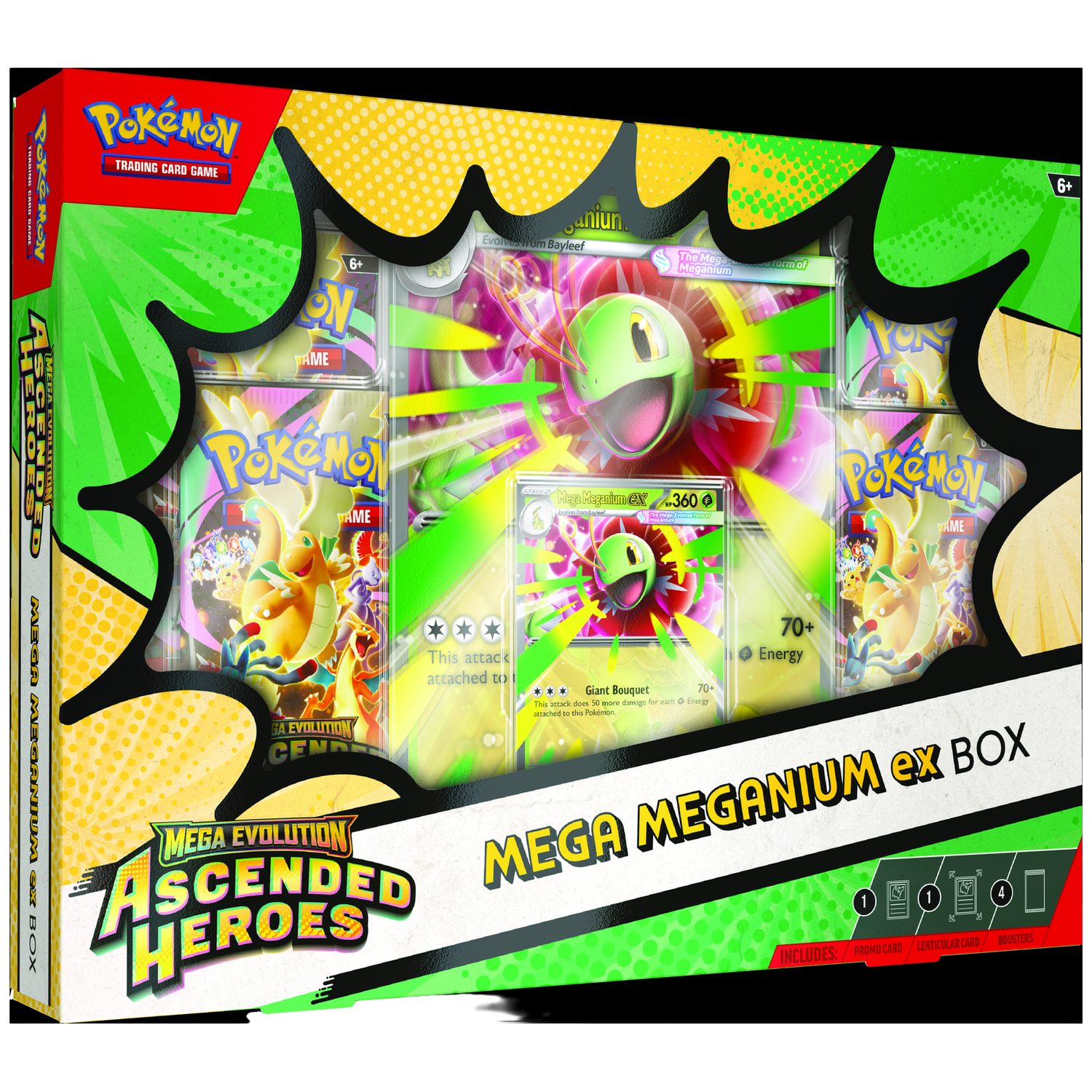 Pokémon Mega Meganium ex Box met ruilkaarten en promo's.